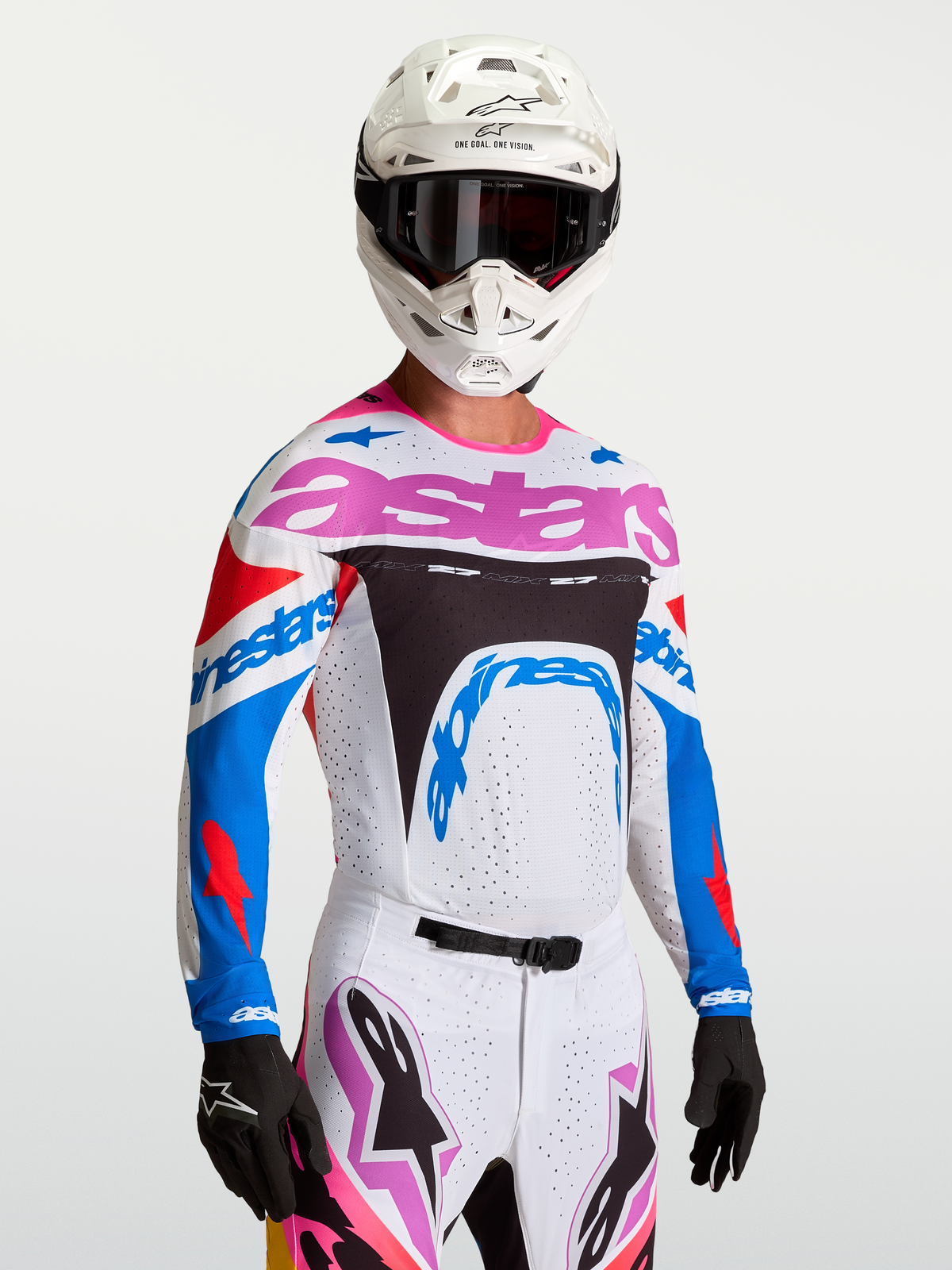 Alpinestars Jersey Supertech Dyna, jersey de motocross blanco y azul con detalles morados, malla elástica y ajuste atlético