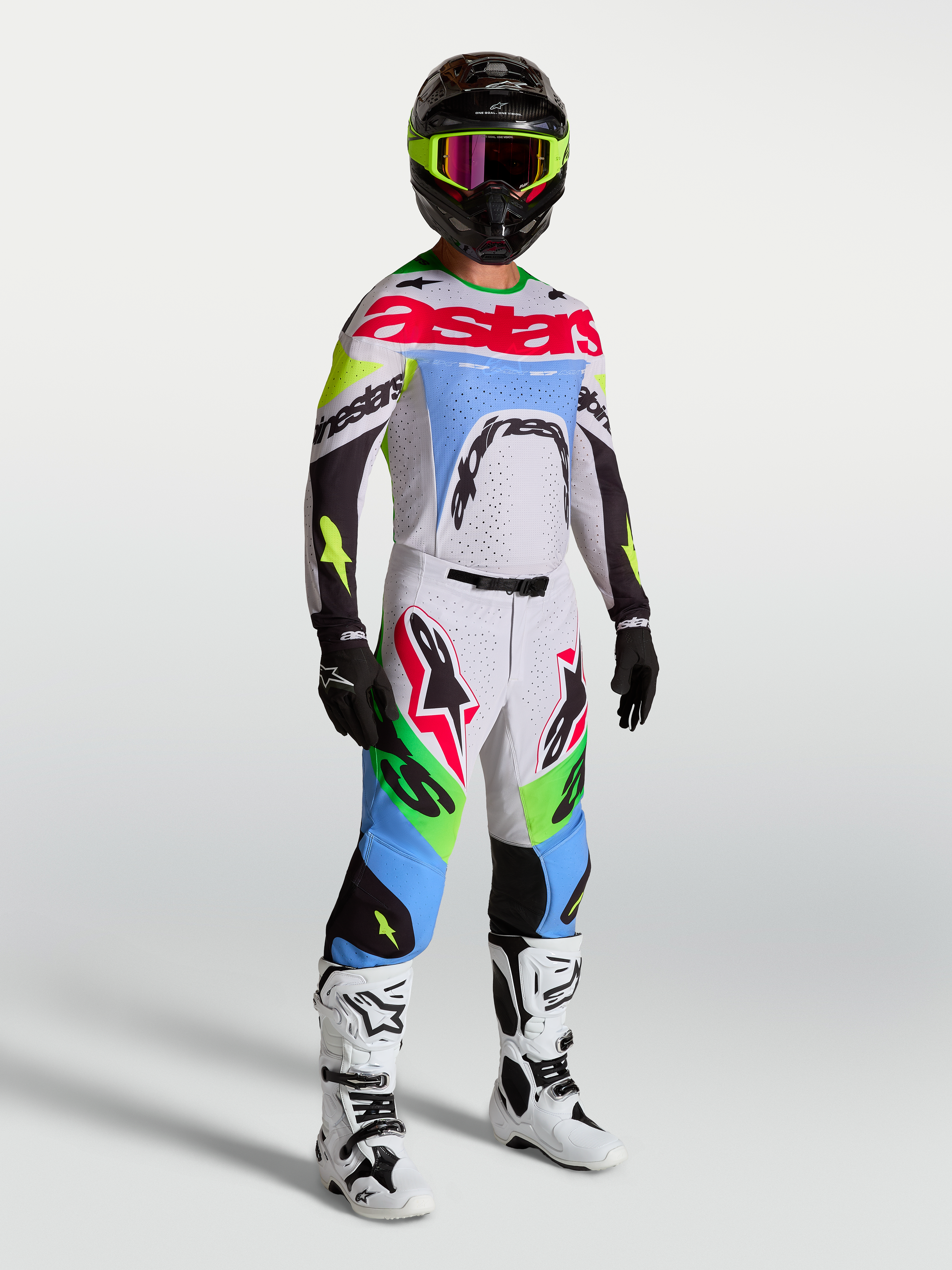 Alpinestars 2027 Supertech Dyna Jersey and Gear Set, light lilac and green fluo motocross outfit, athletic race fit.