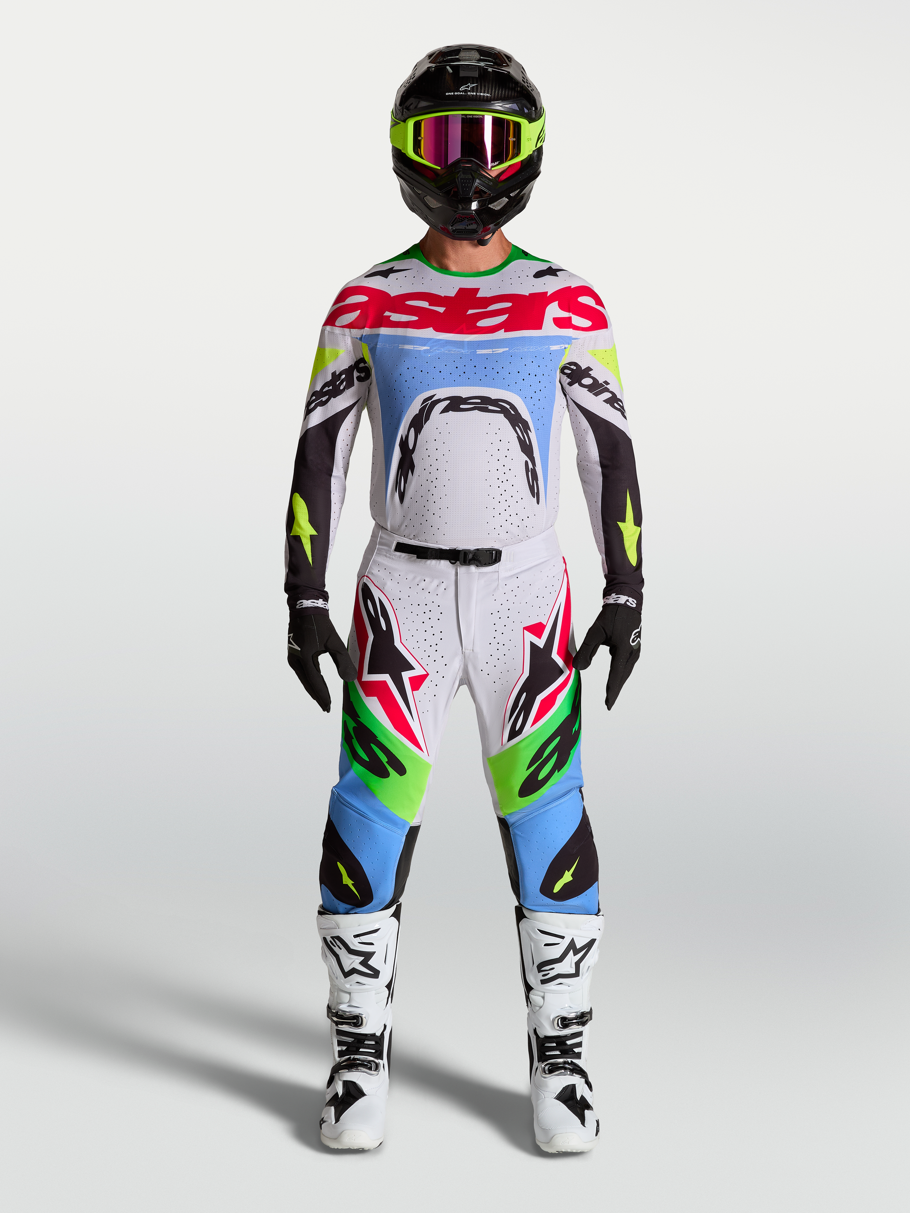 Alpinestars 2027 Supertech Dyna Jersey and Gear Set, Motocross Racing Outfit, Men's, White and Fluo Green, athletic fit.