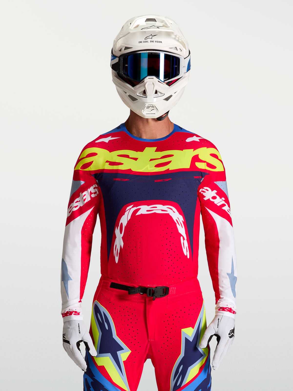 Alpinestars Supertech Dyna, jersey de motocross para hombre, rojo y azul marino, malla elástica transpirable y ajuste atlético de nivel profesional para off-road.