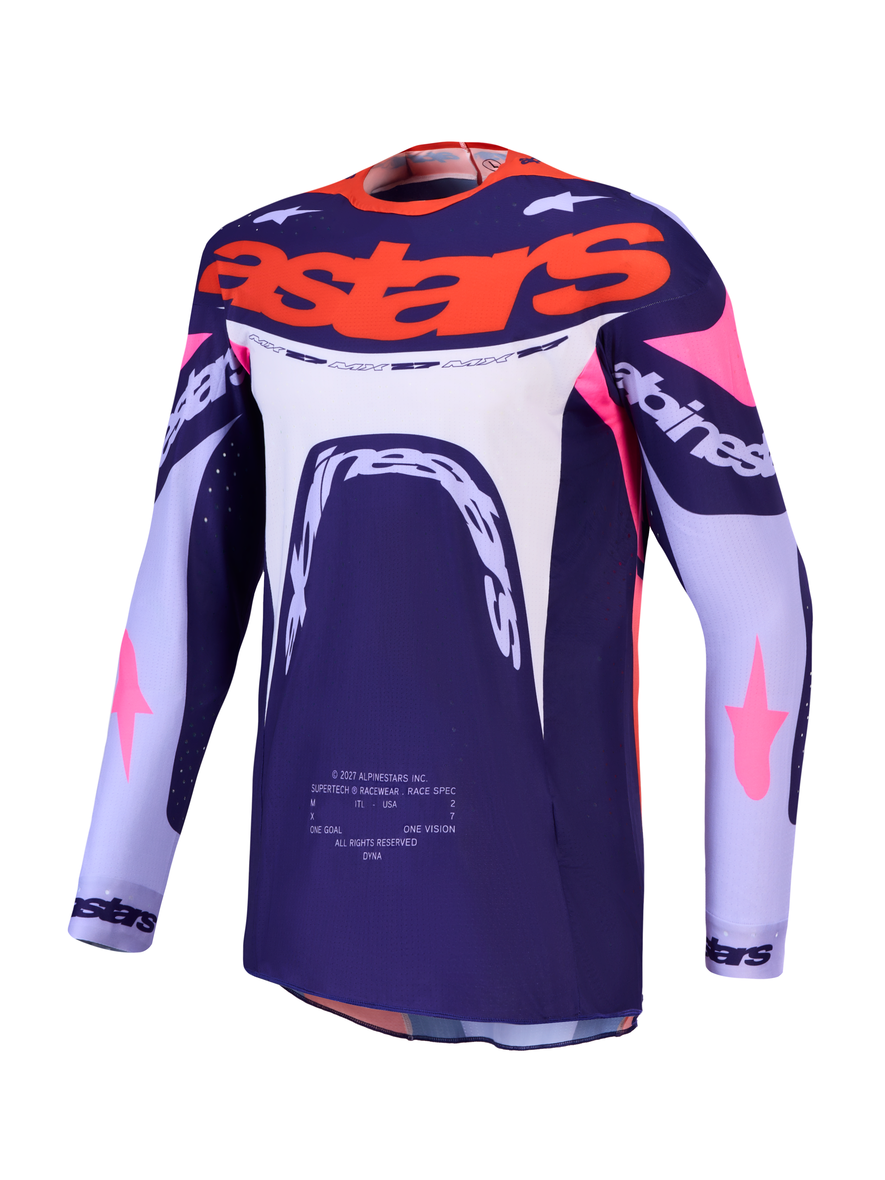 Alpinestars Supertech Dyna Jersey, Purple and Pink Fluo motocross jersey with ventilated stretch mesh and athletic fit.