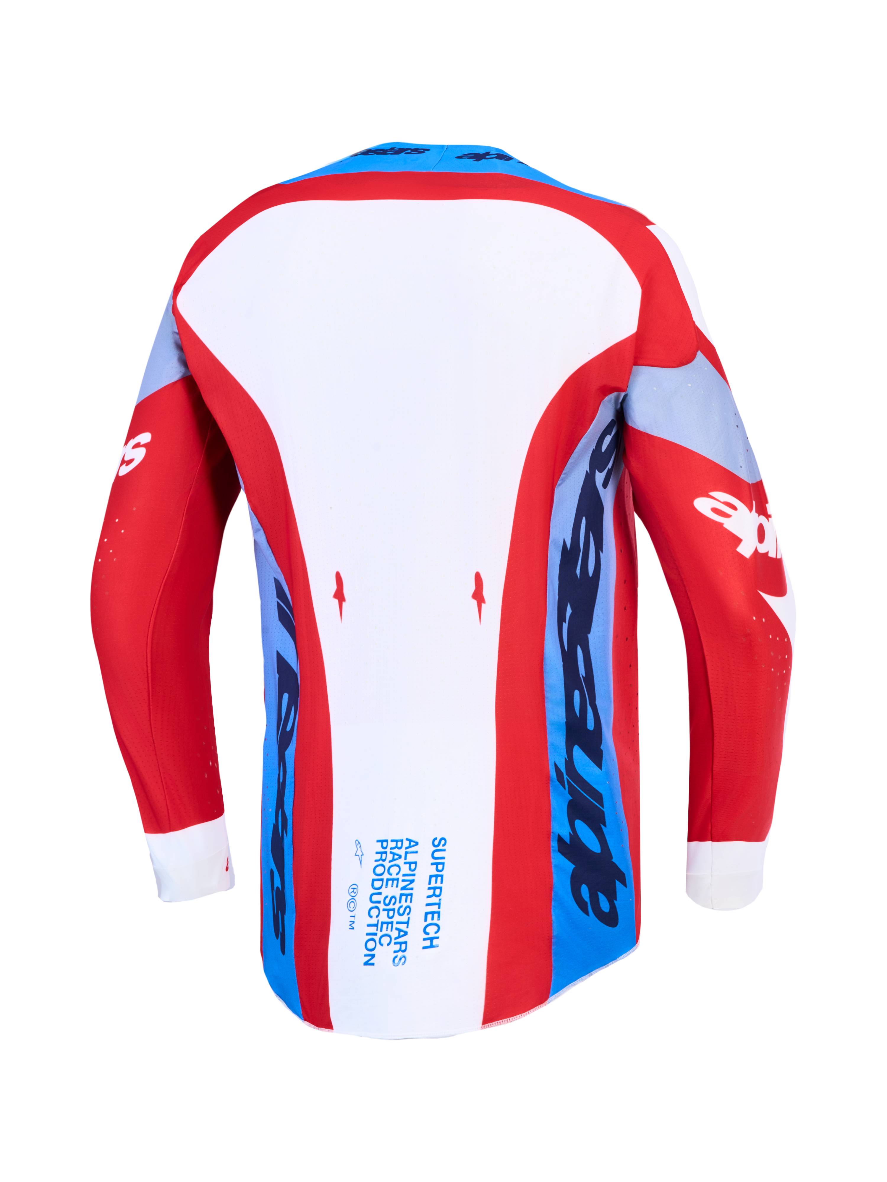Alpinestars Supertech Dyna, jersey de motocross para hombre, rojo, blanco y azul marino, vista trasera con dobladillo trasero extendido.