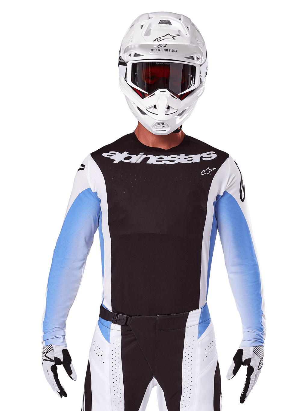 Alpinestars 2025 Techstar Melt Jersey, equipamiento para carreras de motocross, negro, blanco y azul, jersey de manga larga con pantalones y guantes a juego, piloto con conjunto completo de MX, casco blanco y gafas