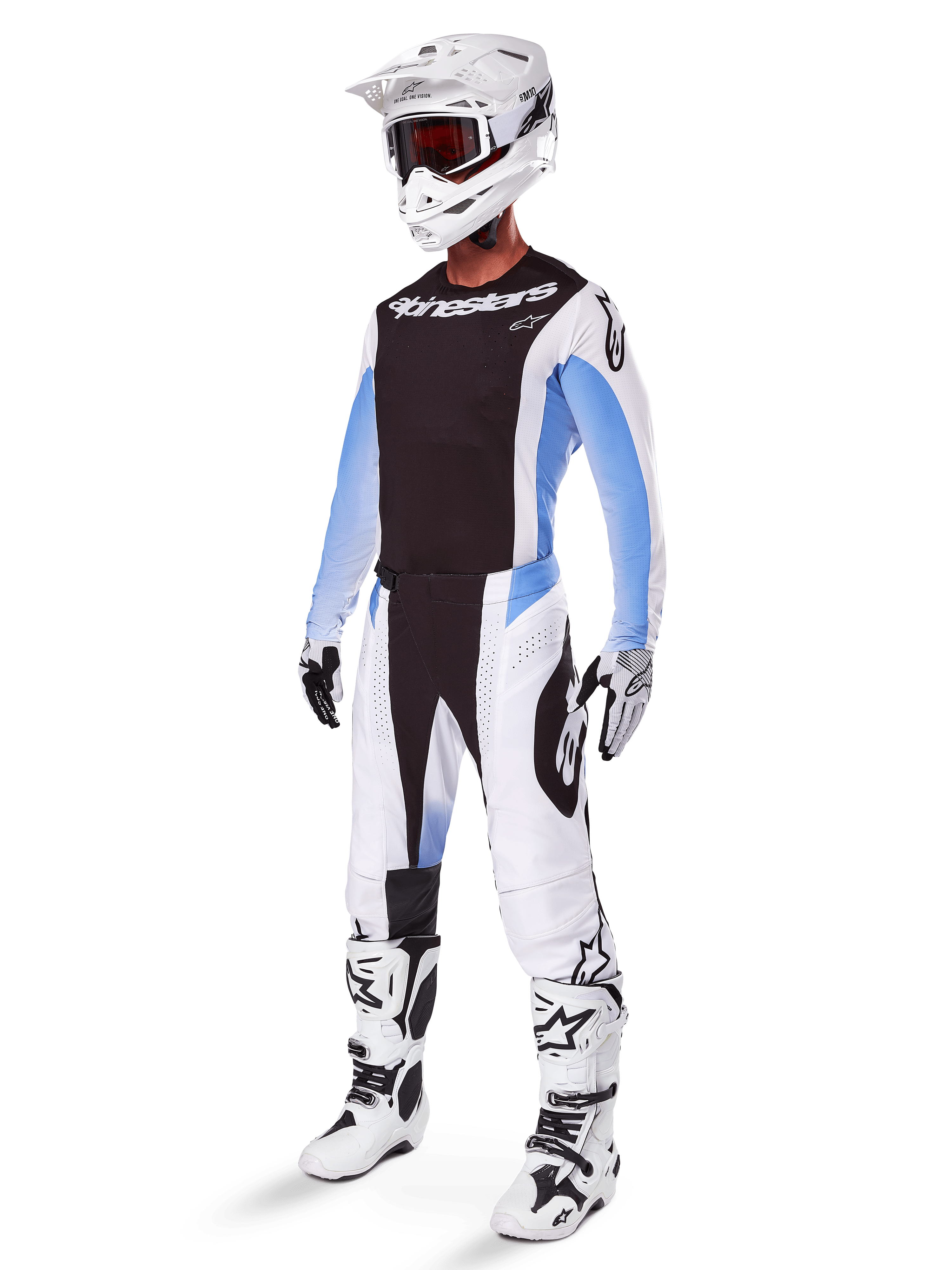 Conjunto de equipo Techstar Melt 2025, traje completo de motocross, jersey negro con mangas blancas y azules, pantalones blancos con detalles negros y azules, casco blanco, guantes blancos y negros, botas blancas con detalles negros, kit completo de protección para MX