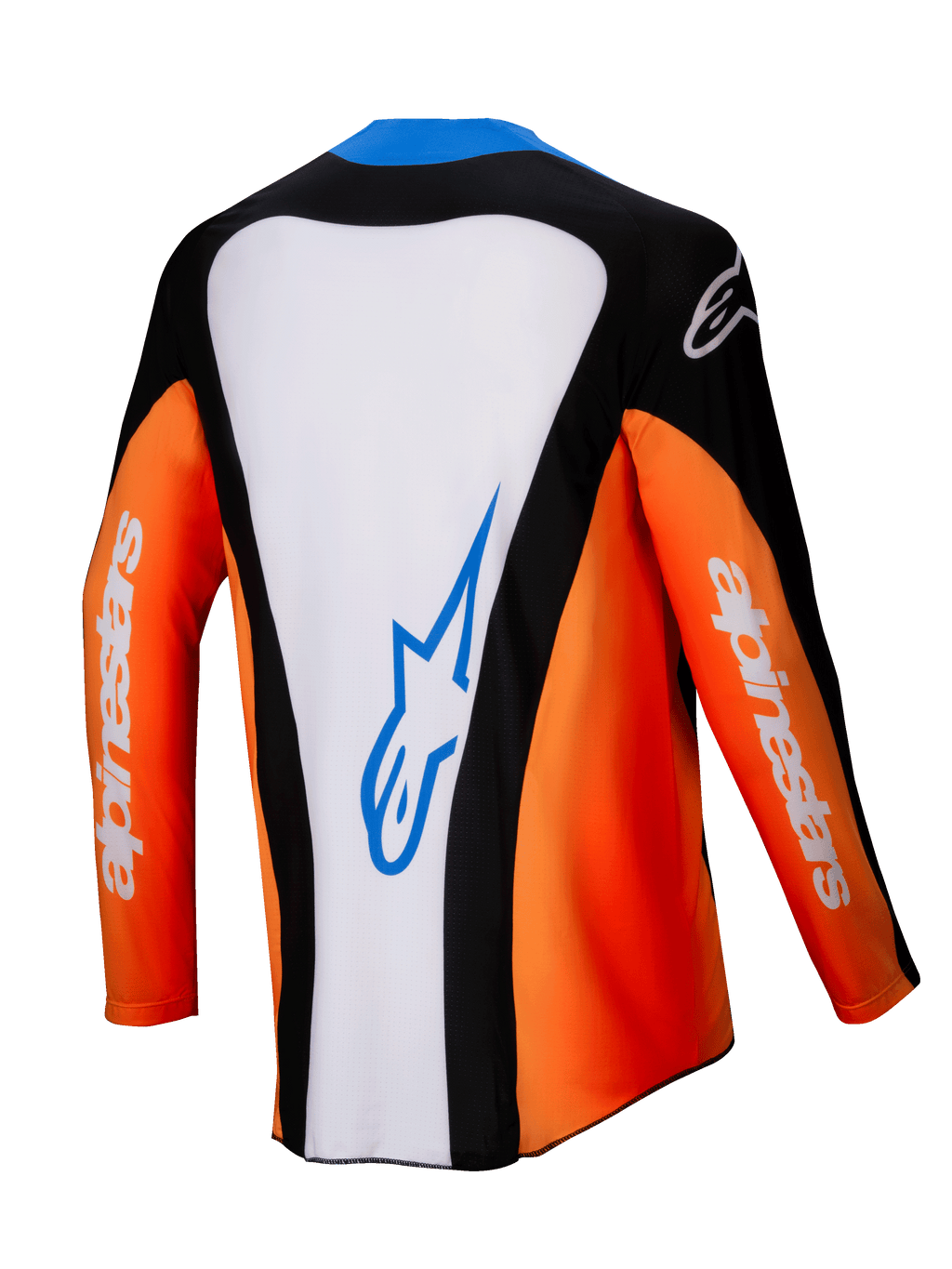 Alpinestars Techstar Melt Jersey 2025, jersey de motocross, vista posterior, naranja, blanco y negro con detalles azules, panel central blanco con logotipo azul, mangas naranjas con branding blanco, equipamiento de alto rendimiento para off-road