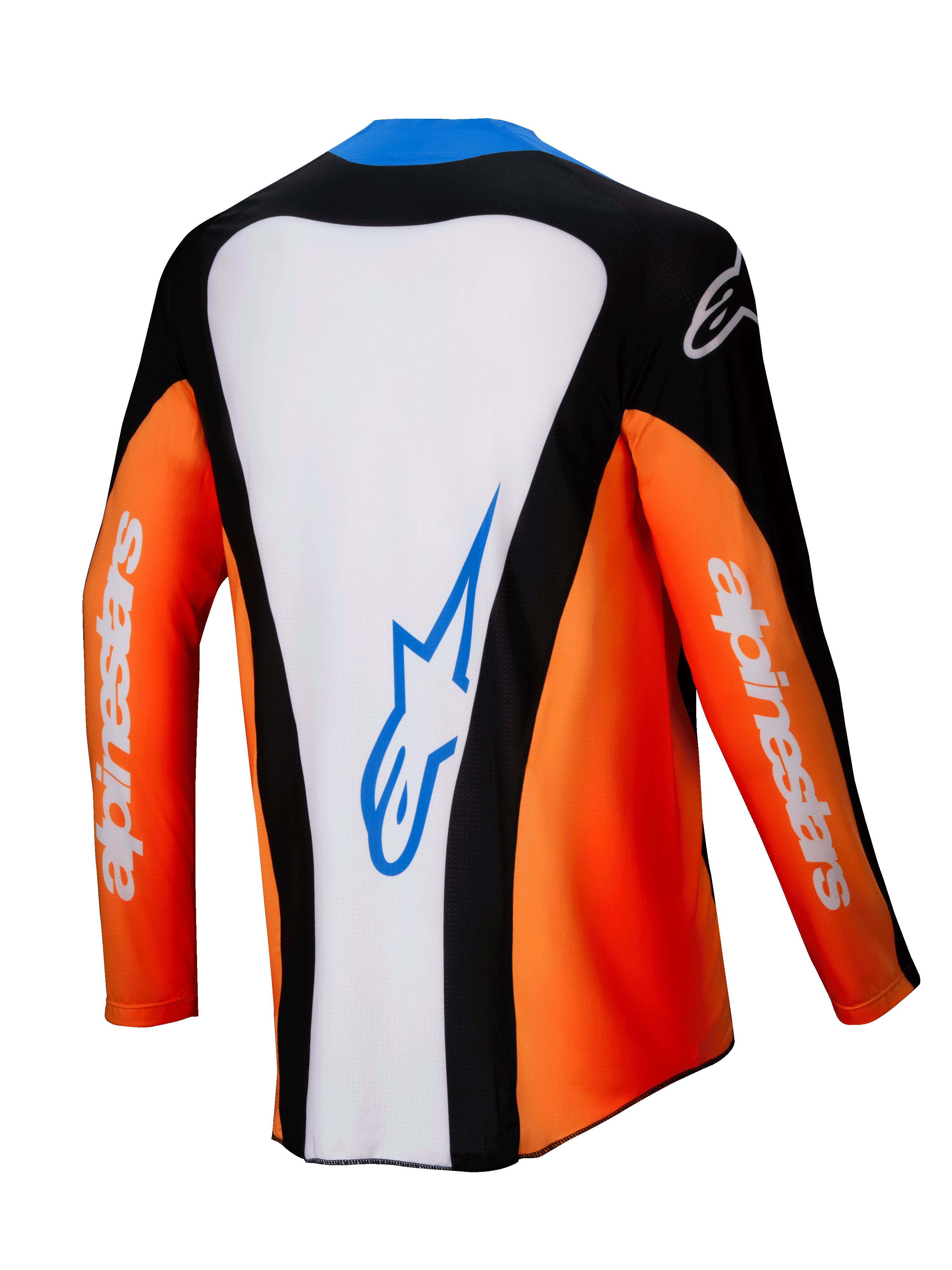 Alpinestars Techstar Melt Jersey 2025, jersey de motocross, vista posterior, naranja, blanco y negro con detalles azules, panel central blanco con logotipo azul, mangas naranjas con branding blanco, equipamiento de alto rendimiento para off-road