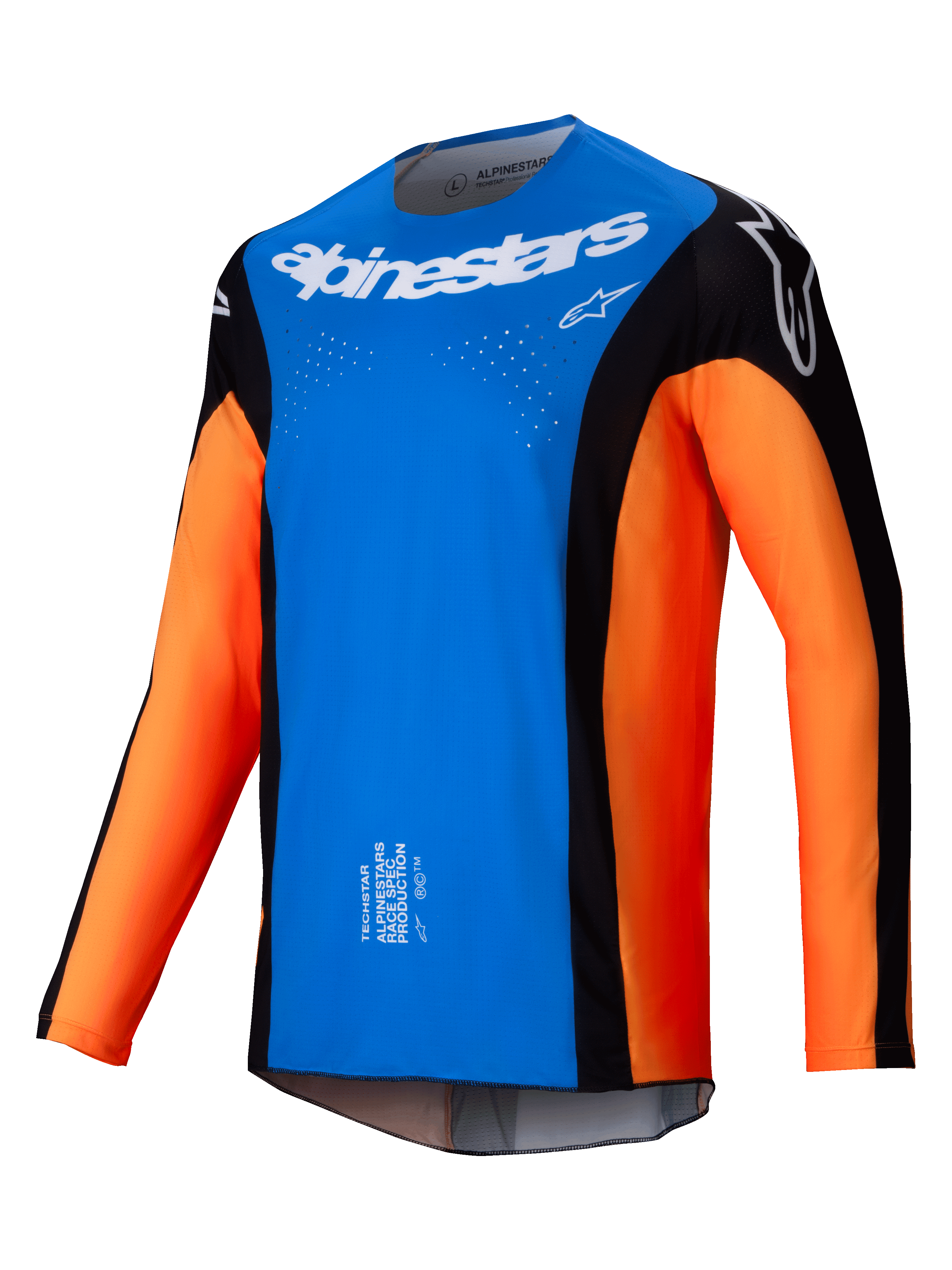Alpinestars Techstar Melt Jersey 2025, jersey de motocross, azul brillante y naranja con paneles negros, logo Alpinestars blanco en el pecho, orificios de ventilación cortados con láser, diseño técnico de manga larga para carreras todoterreno