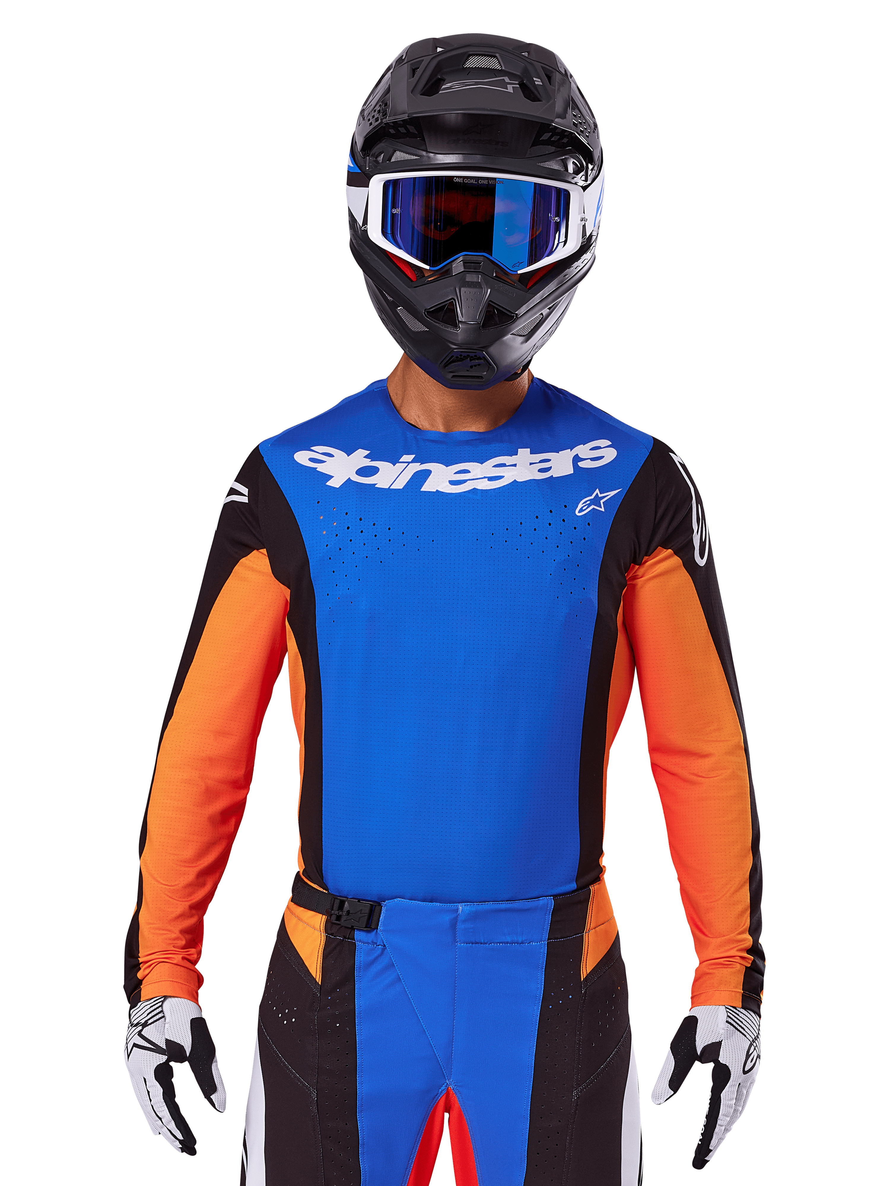 Alpinestars 2025 Techstar Melt Jersey, Motocross Jersey, Blue and Orange with black side panels, worn with black helmet and blue goggles, featuring breathable laser-cut perforations on chest, athletic race fit for off-road performance