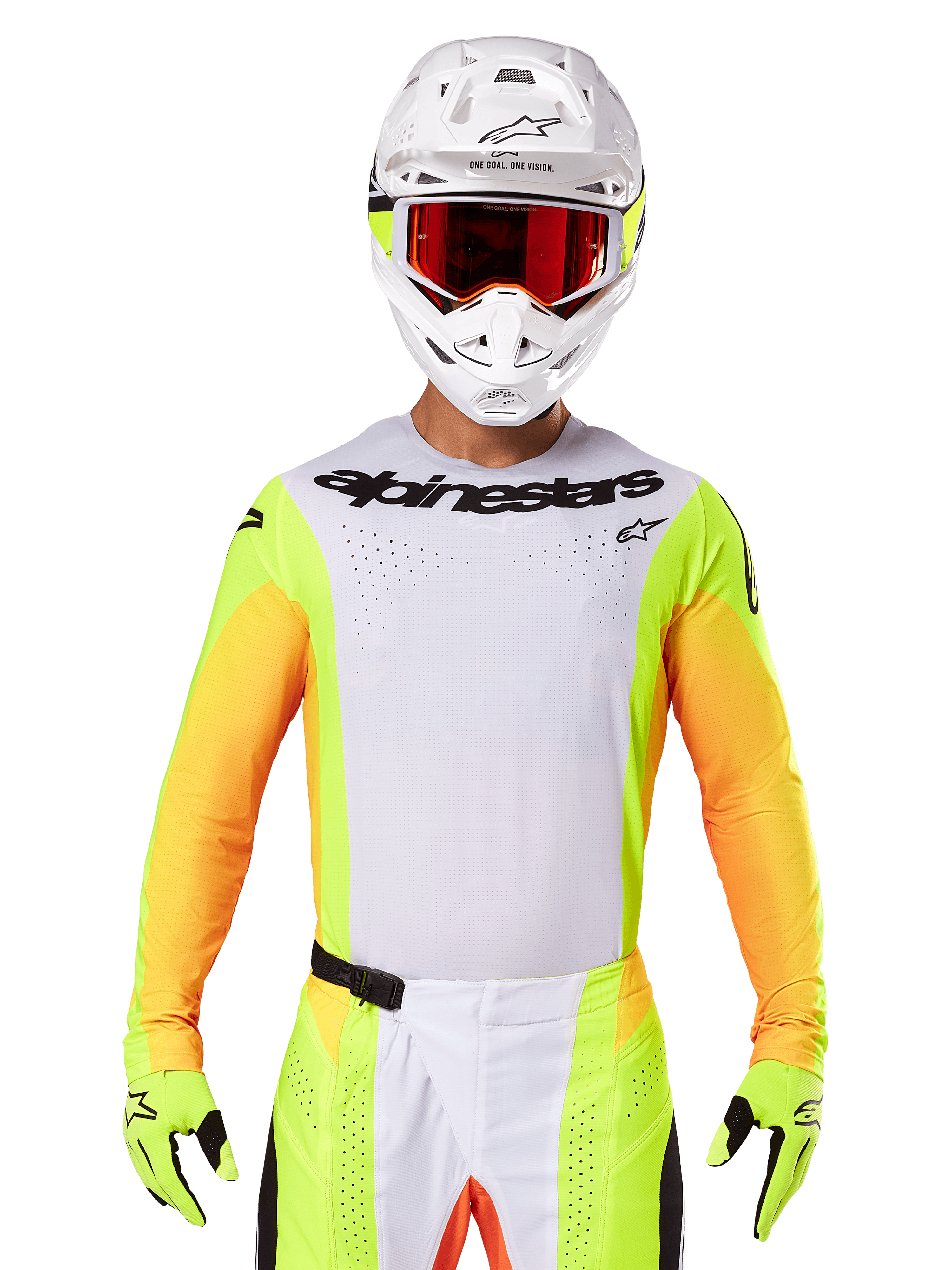 Jersey Alpinestars Techstar Melt 2025, equipamiento para motocross, pecho blanco con mangas amarillo neón y naranja, piloto con casco blanco y gafas rojas, guantes amarillo neón con logotipos negros, diseño vibrante para rendimiento off-road