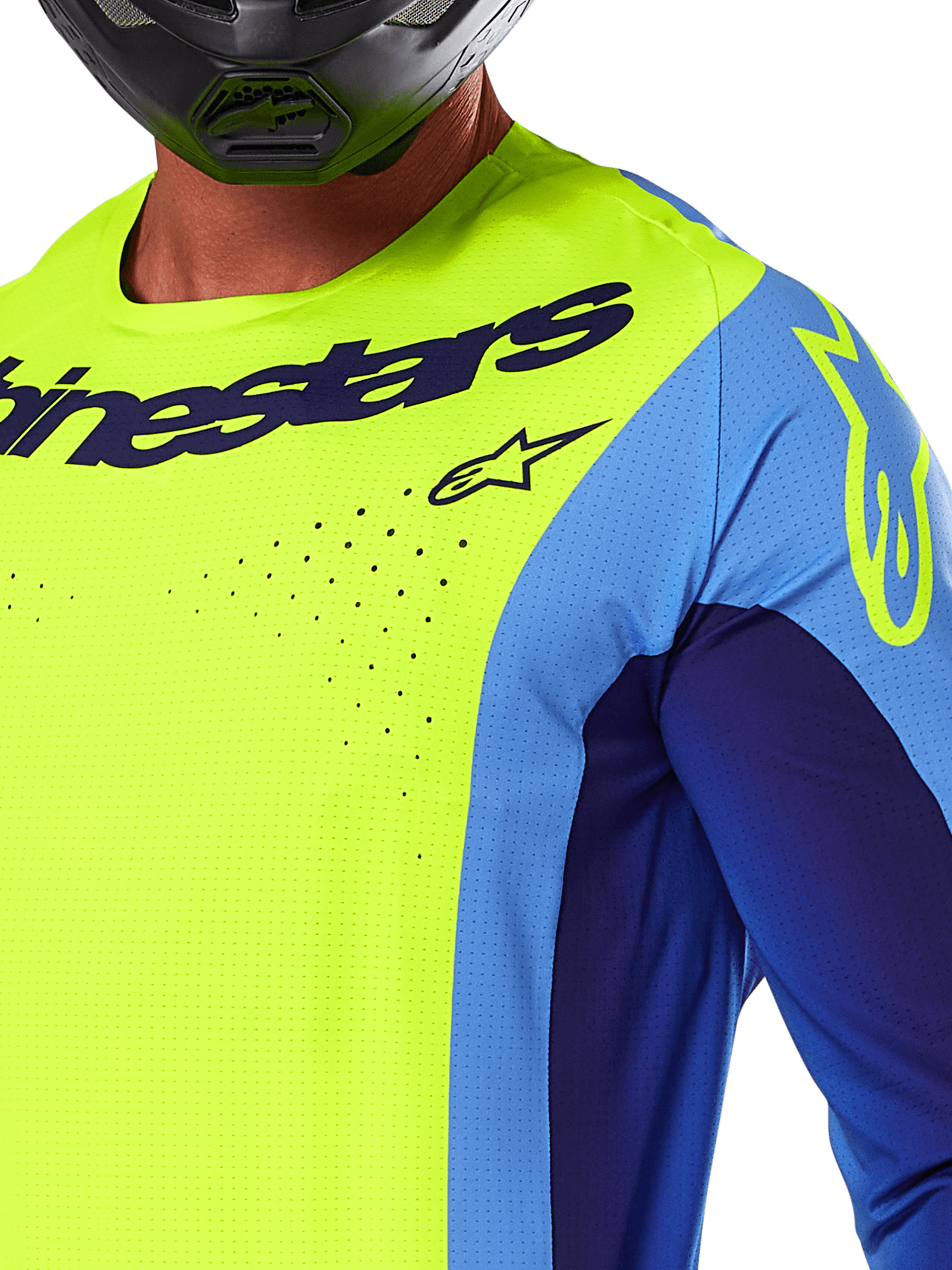 Alpinestars Techstar Melt Jersey 2025, jersey de motocross, amarillo flúor y azul, con perforaciones láser y logotipo llamativo en el pecho, ajuste atlético para carreras off-road, vista de primer plano con casco negro.