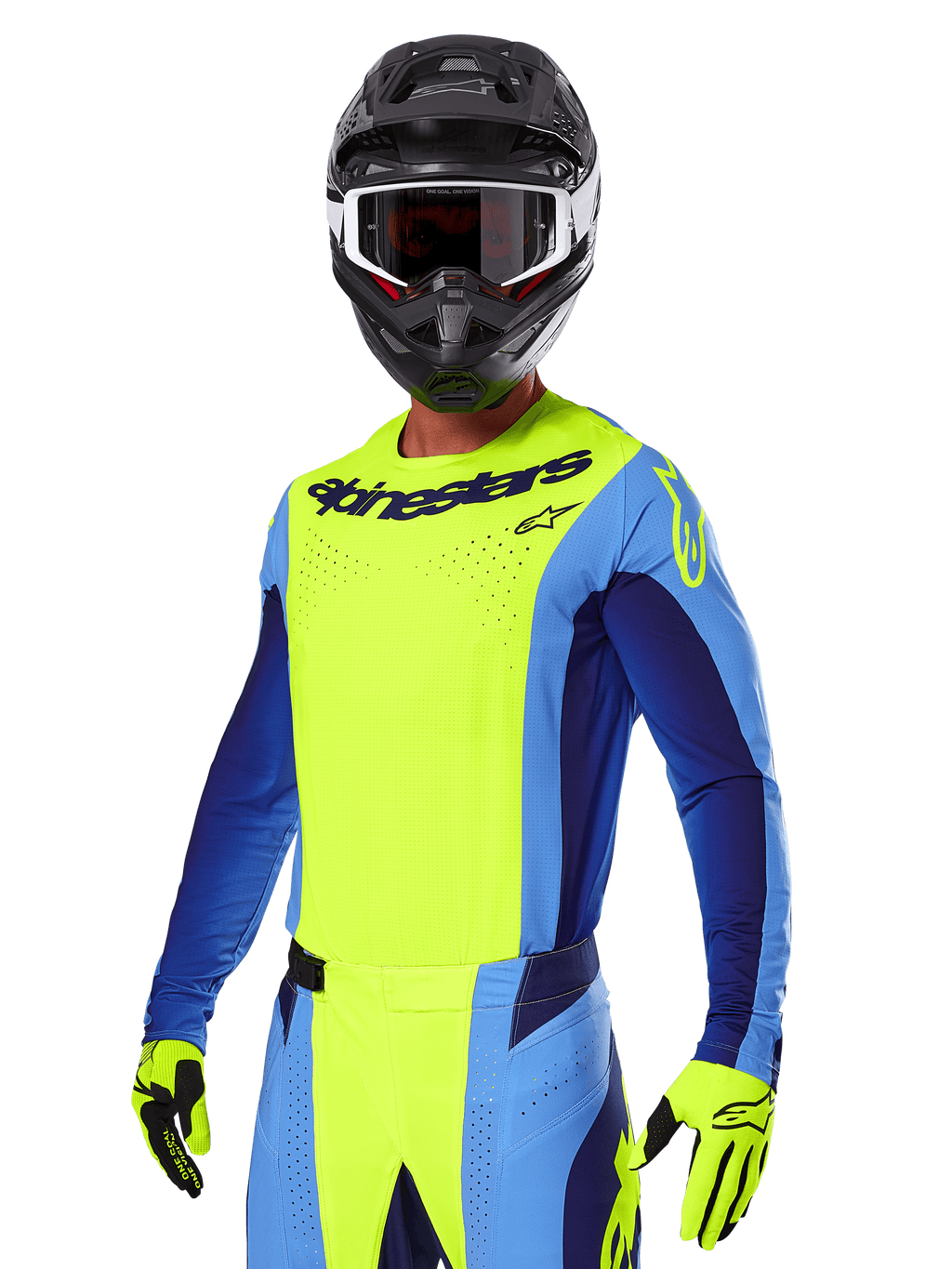 Alpinestars 2025 Techstar Melt Gear Set, piloto de motocross con jersey amarillo brillante y azul con pantalones a juego, casco negro con gafas blancas y negras, guantes amarillos, conjunto de carreras todoterreno coordinado con marca Alpinestars destacada y detalles perforados