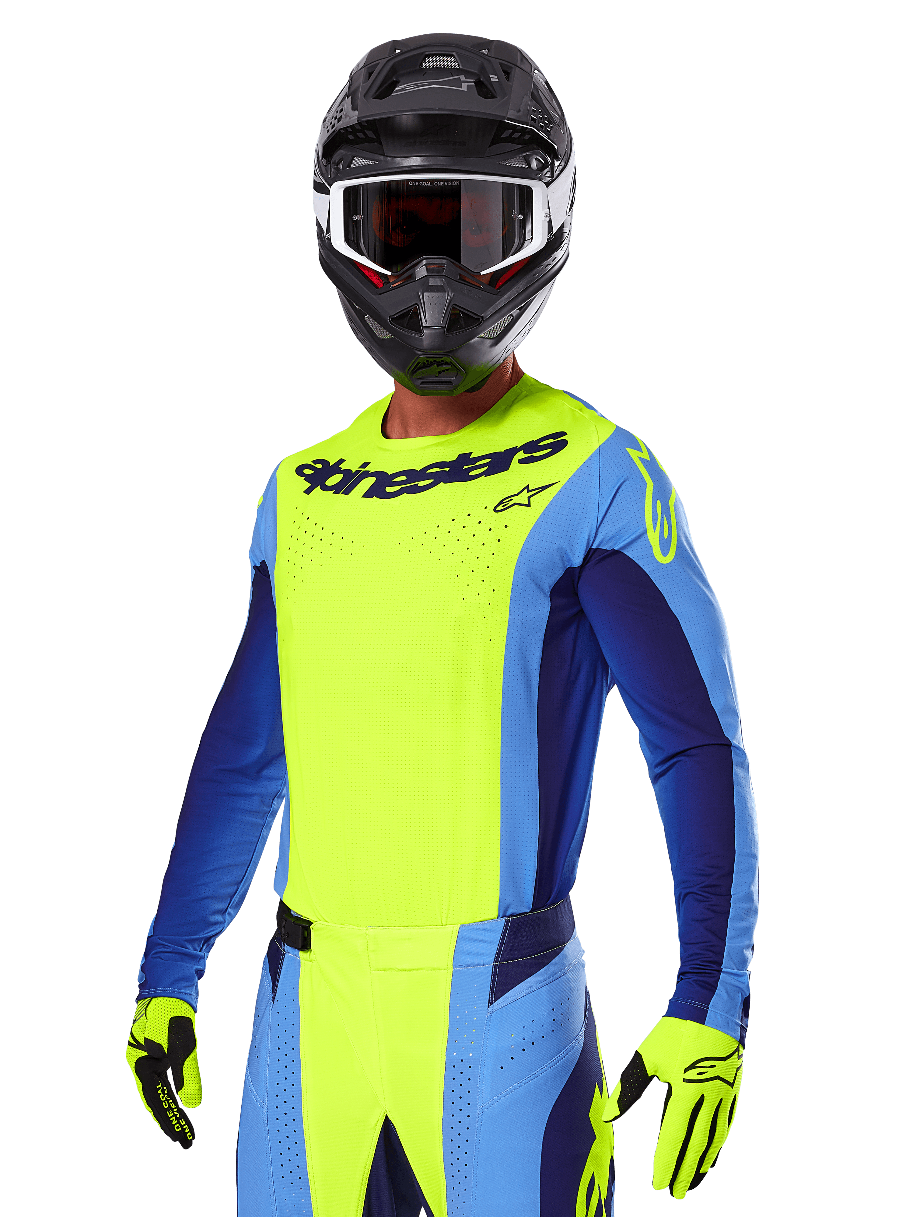 Alpinestars 2025 Techstar Melt Gear Set, piloto de motocross con jersey amarillo brillante y azul con pantalones a juego, casco negro con gafas blancas y negras, guantes amarillos, conjunto de carreras todoterreno coordinado con marca Alpinestars destacada y detalles perforados