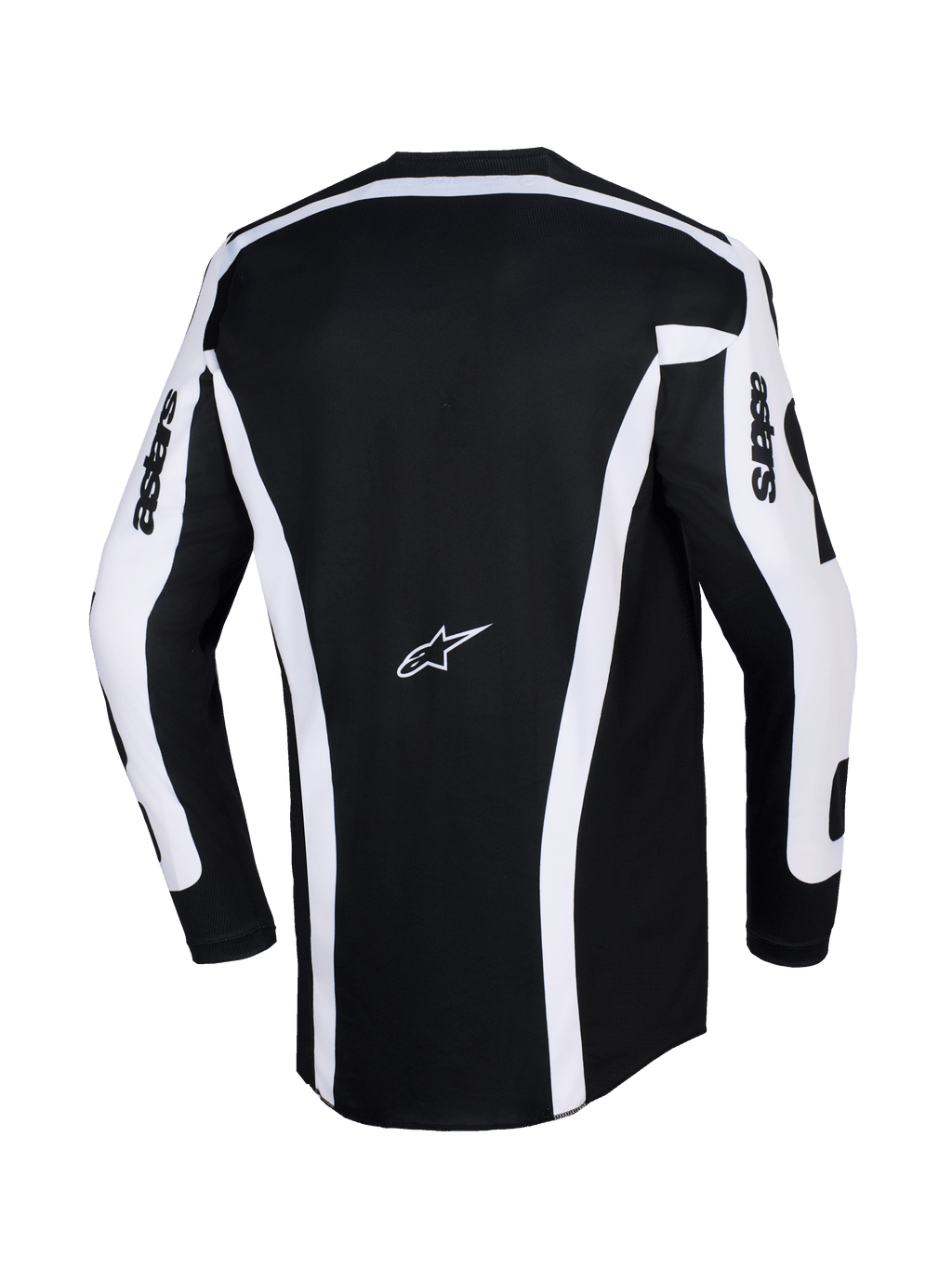 Alpinestars 2026 Racer Riway Jersey, jersey de motocross, blanco y negro, vista trasera que muestra el chasis negro con franjas verticales blancas y paneles en las mangas, logo Astars en el centro de la espalda, texto 'astars' en las mangas, corte trasero extendido para mayor cobertura en conducción off-road