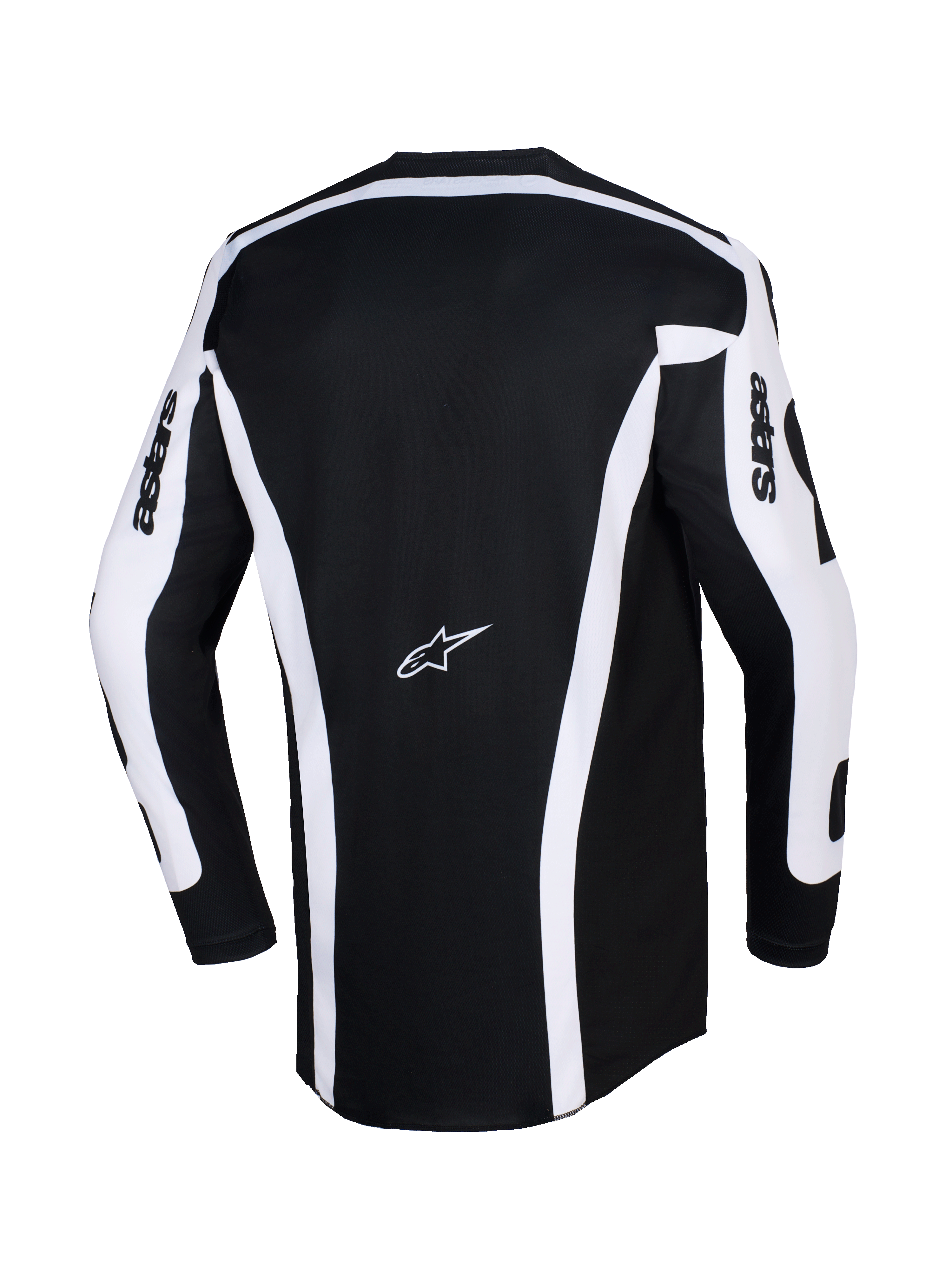 Alpinestars 2026 Racer Riway Jersey, jersey de motocross, blanco y negro, vista trasera que muestra el chasis negro con franjas verticales blancas y paneles en las mangas, logo Astars en el centro de la espalda, texto 'astars' en las mangas, corte trasero extendido para mayor cobertura en conducción off-road