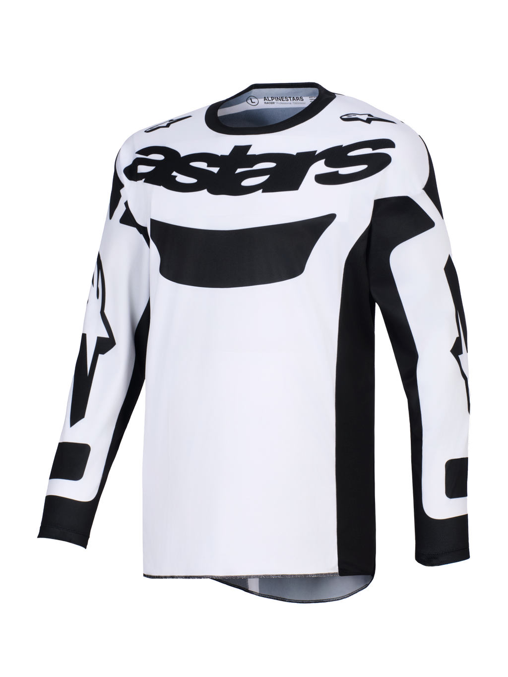 Alpinestars 2026 Racer Riway Jersey, jersey de motocross, blanco y negro, con el logotipo 'astars' en negro en el pecho, tejido de polifabricado que absorbe la humedad y ajuste ergonómico para conducción off-road.