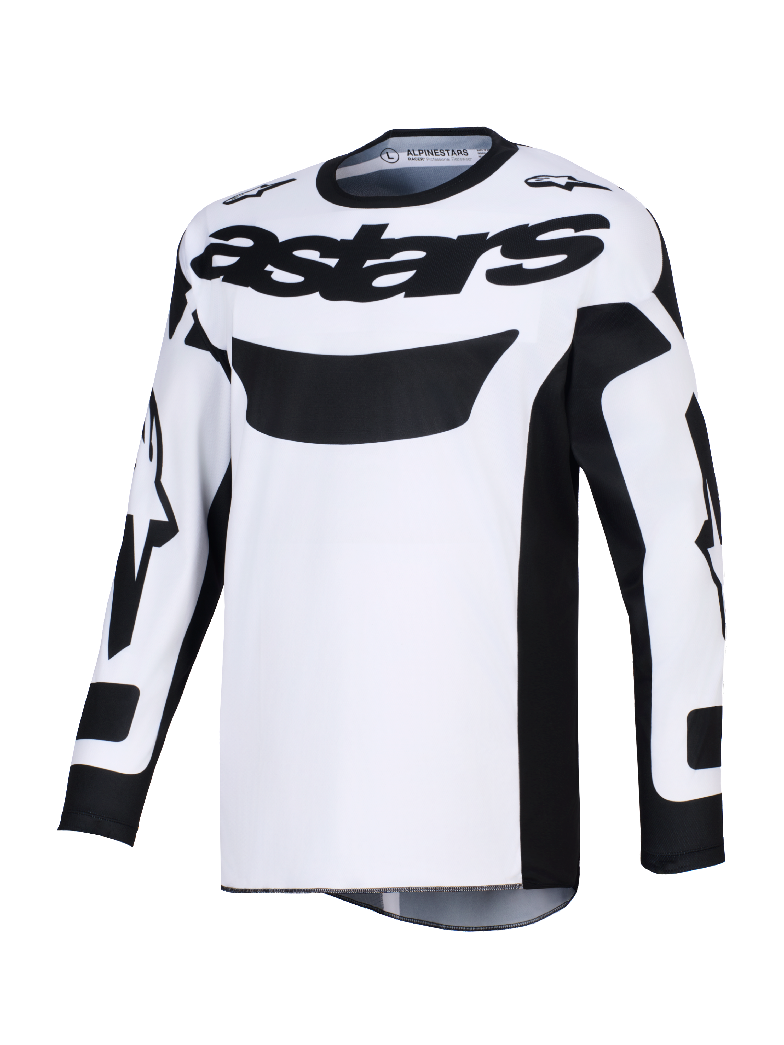 Alpinestars 2026 Racer Riway Jersey, jersey de motocross, blanco y negro, con el logotipo 'astars' en negro en el pecho, tejido de polifabricado que absorbe la humedad y ajuste ergonómico para conducción off-road.