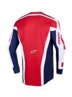 Jersey Alpinestars Racer Riway 2026, jersey de motocross, blanco, azul y rojo, vista posterior que muestra un gran panel central rojo con acentos blancos angulares, paneles laterales azules y mangas blancas con la marca astars en rojo, con un pequeño logo de Alpinestars blanco en el centro.