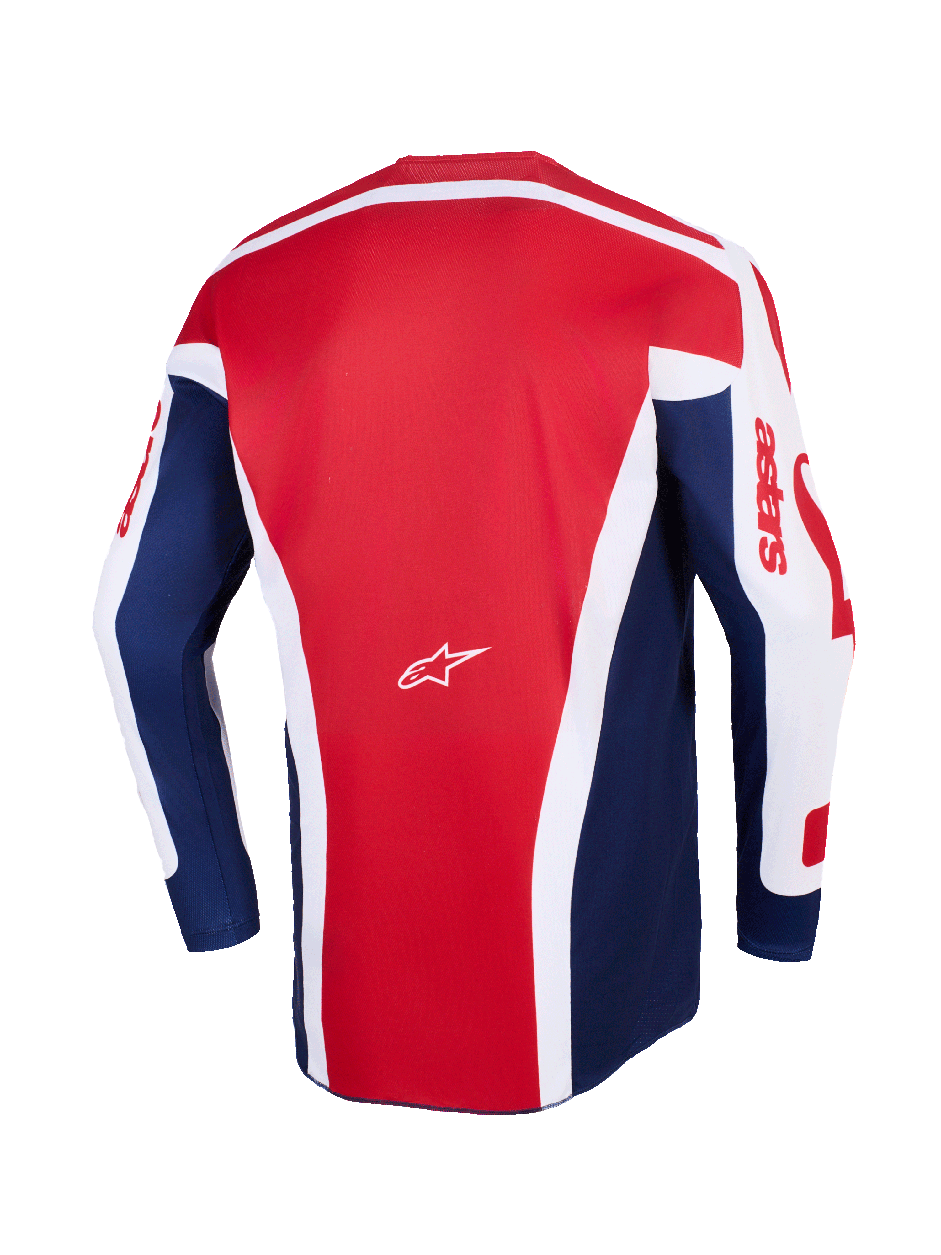 Jersey Alpinestars Racer Riway 2026, jersey de motocross, blanco, azul y rojo, vista posterior que muestra un gran panel central rojo con acentos blancos angulares, paneles laterales azules y mangas blancas con la marca astars en rojo, con un pequeño logo de Alpinestars blanco en el centro.