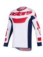Alpinestars 2026 Racer Riway Jersey, jersey de motocross, blanco, azul y rojo, logo astars rojo en el pecho, paneles laterales azul marino, mangas largas con gráficos rojos, equipamiento de alto rendimiento para conducción off-road
