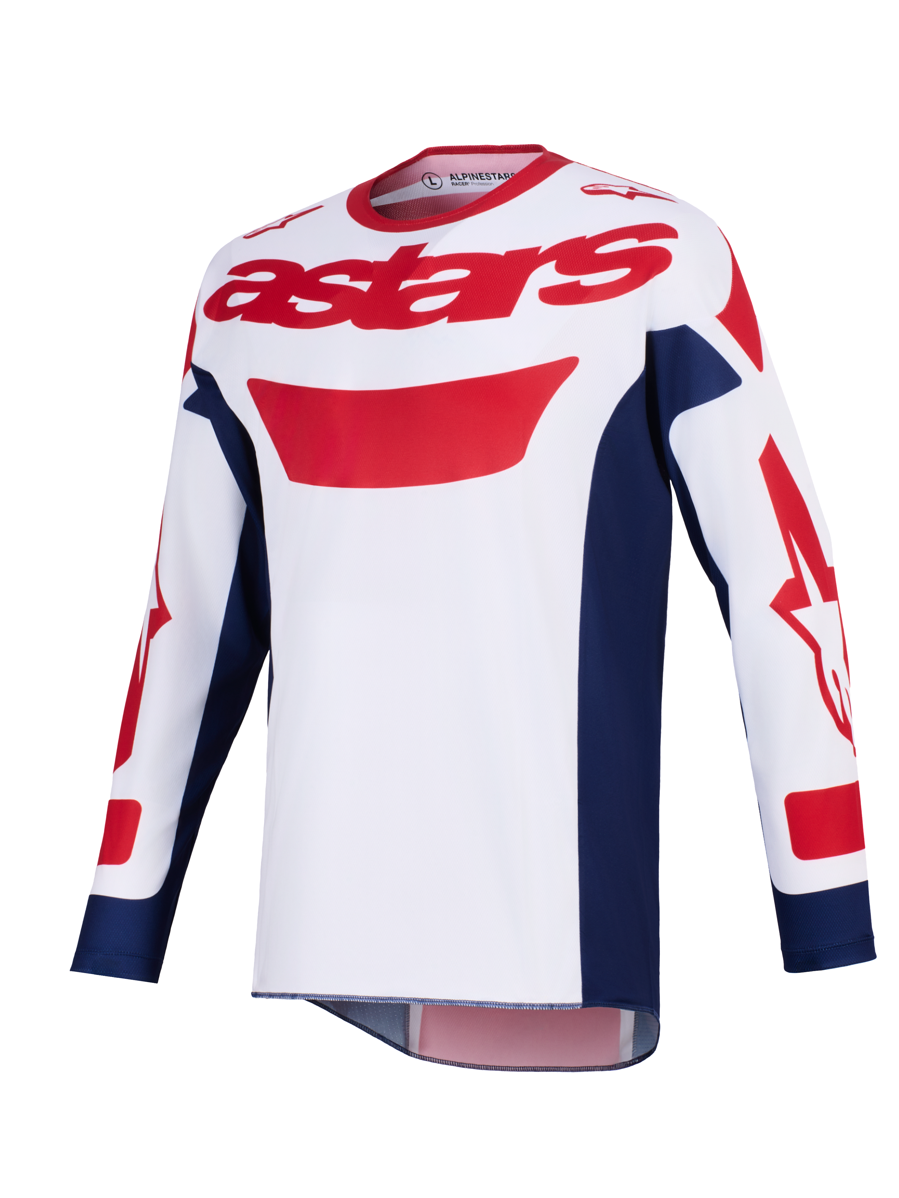 Alpinestars 2026 Racer Riway Jersey, jersey de motocross, blanco, azul y rojo, logo astars rojo en el pecho, paneles laterales azul marino, mangas largas con gráficos rojos, equipamiento de alto rendimiento para conducción off-road