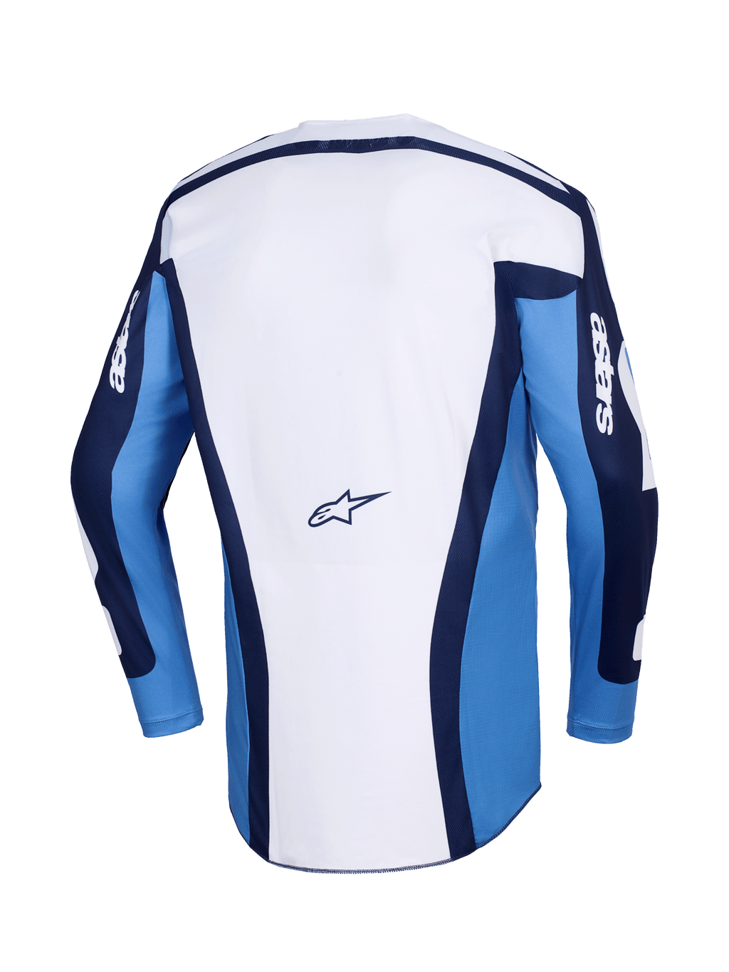 Alpinestars 2026 Racer Riway Jersey, jersey de motocross, azul UCLA y blanco, vista trasera con un panel principal blanco, mangas azules y detalles en azul marino, pequeño logo de Alpinestars en la parte inferior de la espalda, ajuste atlético para carreras off-road