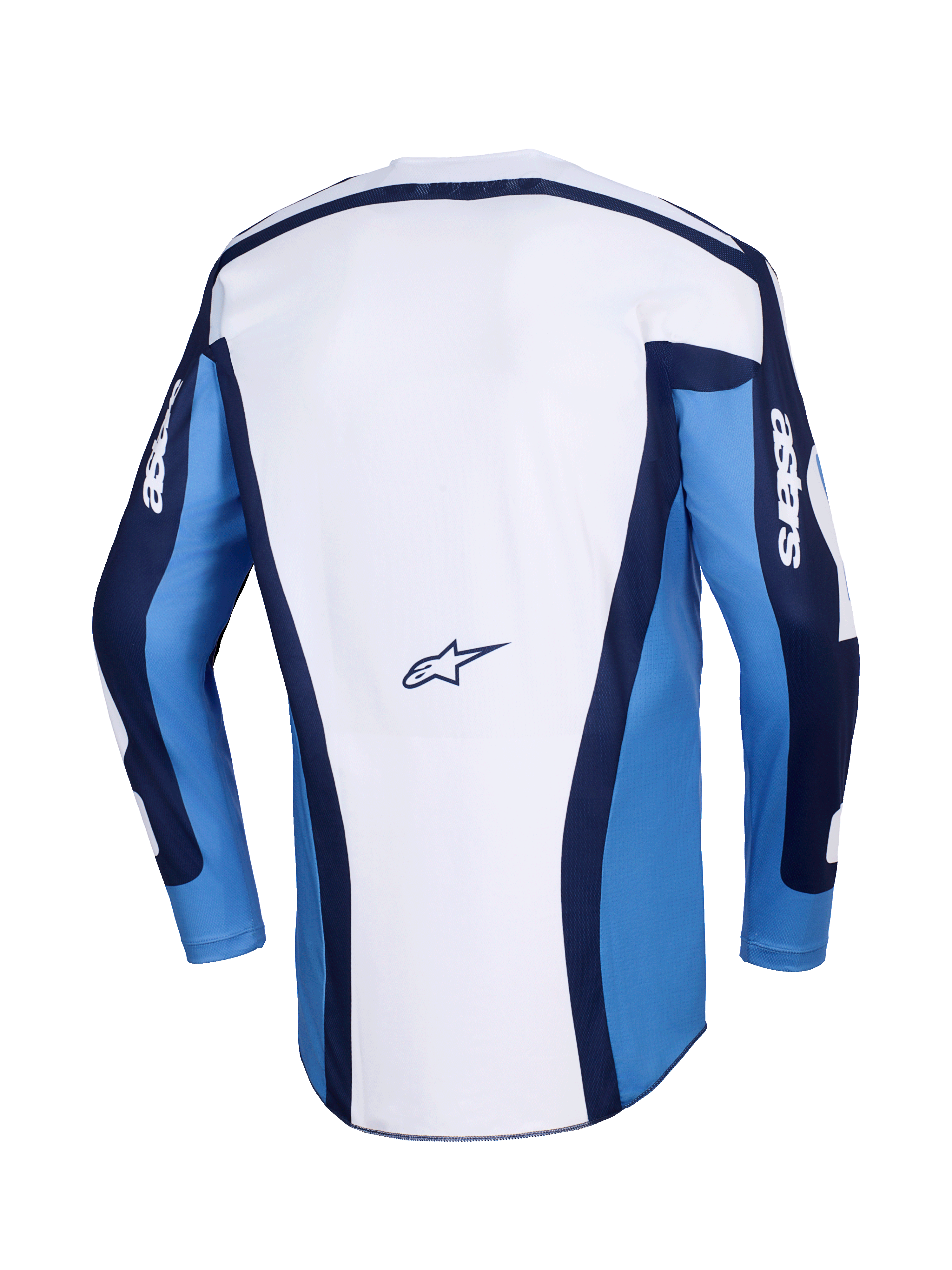 Alpinestars 2026 Racer Riway Jersey, Motocross Jersey, UCLA Blue and White, back view featuring a white main panel with blue sleeves and navy blue accents, small Alpinestars logo on the lower back, athletic fit for off-road racing