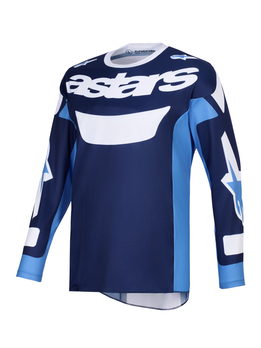 Alpinestars 2026 Racer Riway Jersey, jersey de motocross, azul UCLA y blanco, con el distintivo logotipo 'astars' blanco en el pecho, diseño de manga larga con logotipos en las mangas, confeccionado en polifibra ligera con absorción de humedad para conducción todoterreno