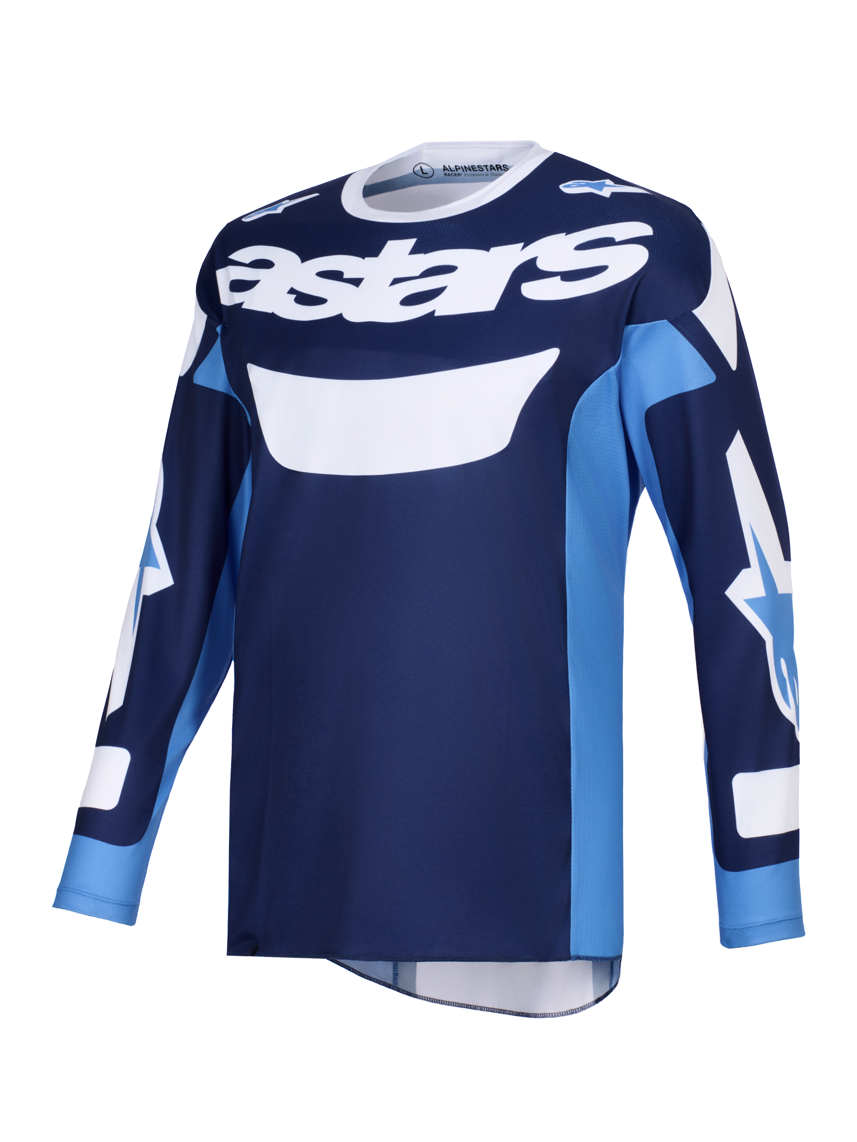 Alpinestars 2026 Racer Riway Jersey, jersey de motocross, azul UCLA y blanco, con el distintivo logotipo 'astars' blanco en el pecho, diseño de manga larga con logotipos en las mangas, confeccionado en polifibra ligera con absorción de humedad para conducción todoterreno