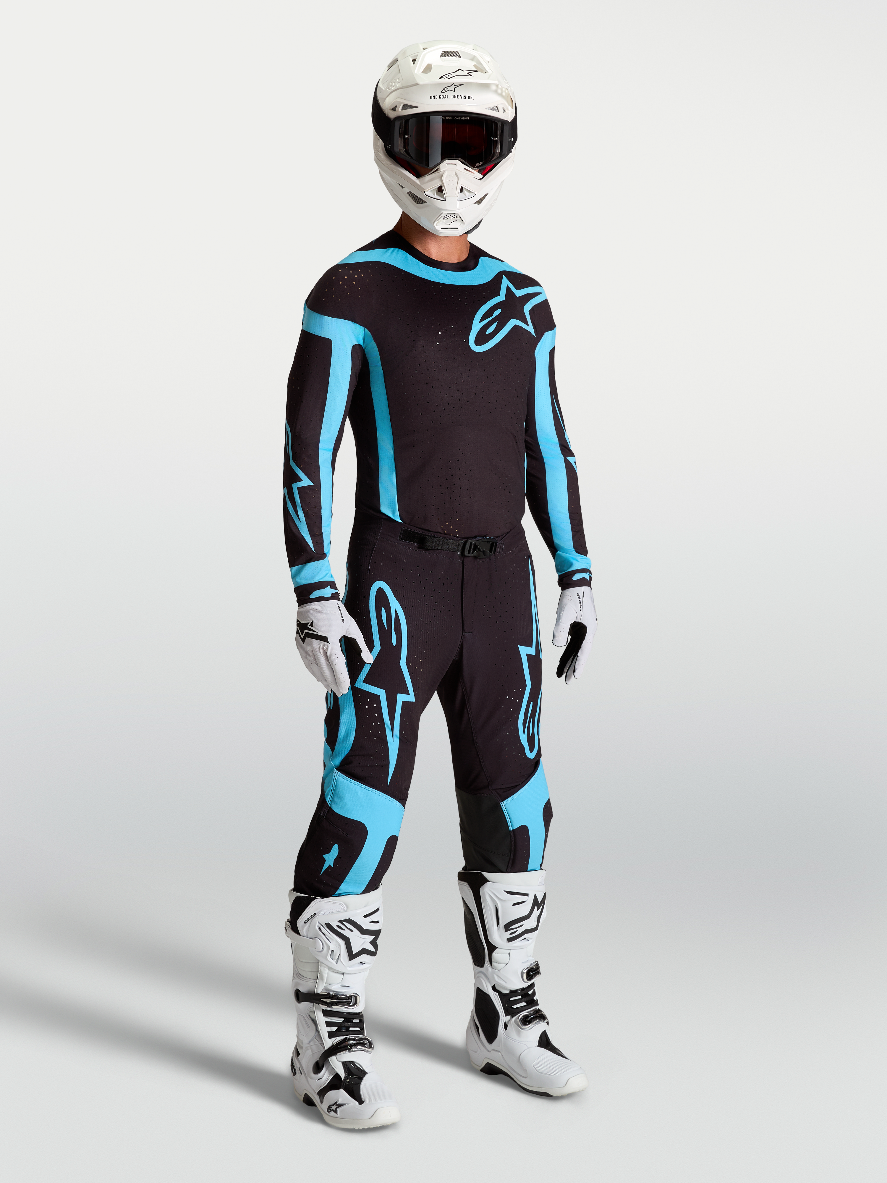Alpinestars jersey Supertech Vesta y conjunto de motocross para hombre, negro y turquesa, ajuste atlético de competición