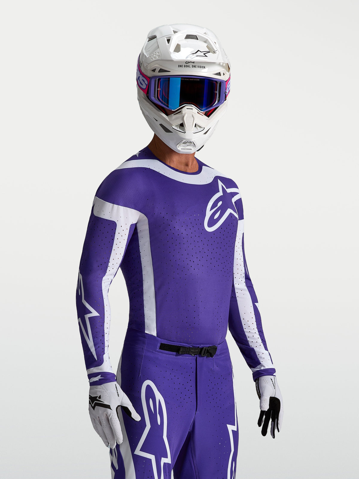 Alpinestars Supertech Vesta, jersey de motocross azul oscuro y blanco, ajuste atlético y ventilación láser, usado por piloto