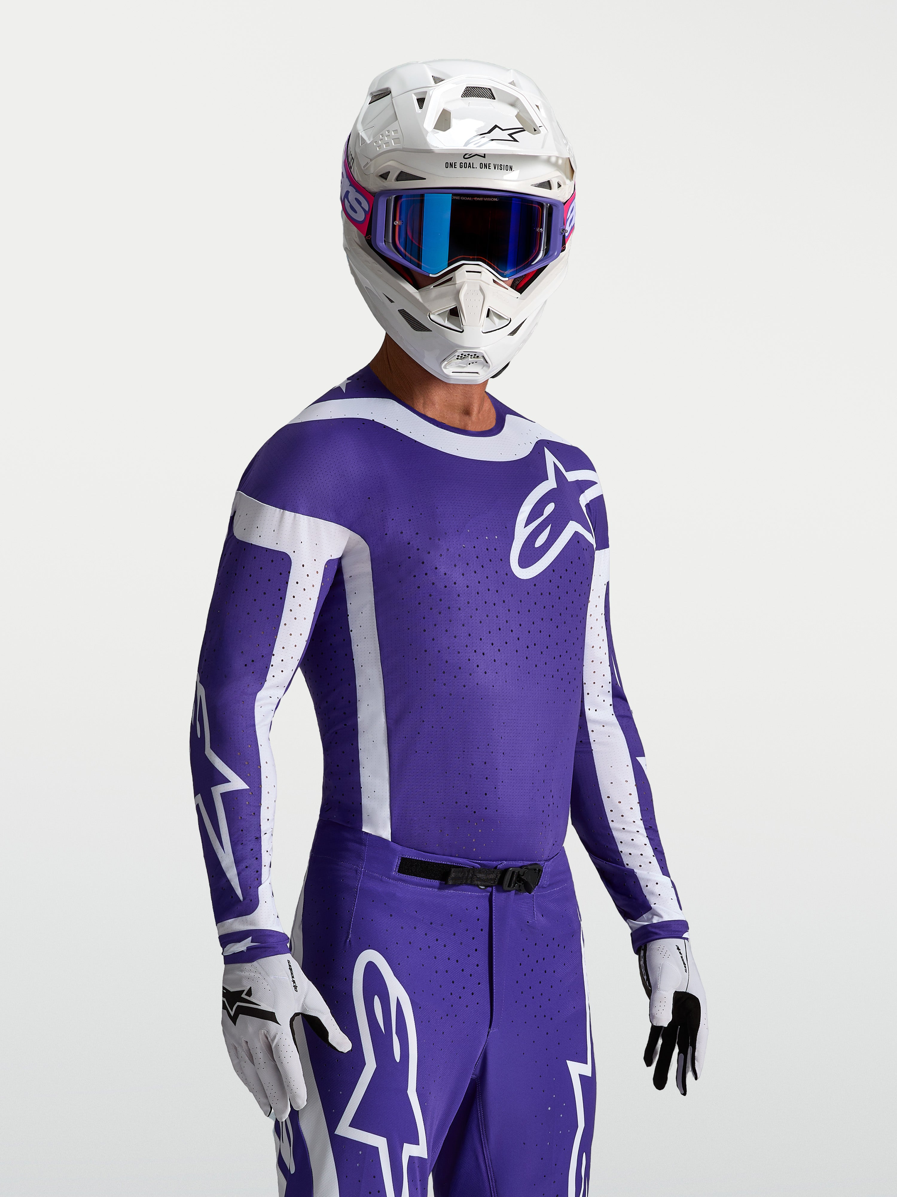 Alpinestars Supertech Vesta, jersey de motocross azul oscuro y blanco, ajuste atlético y ventilación láser, usado por piloto