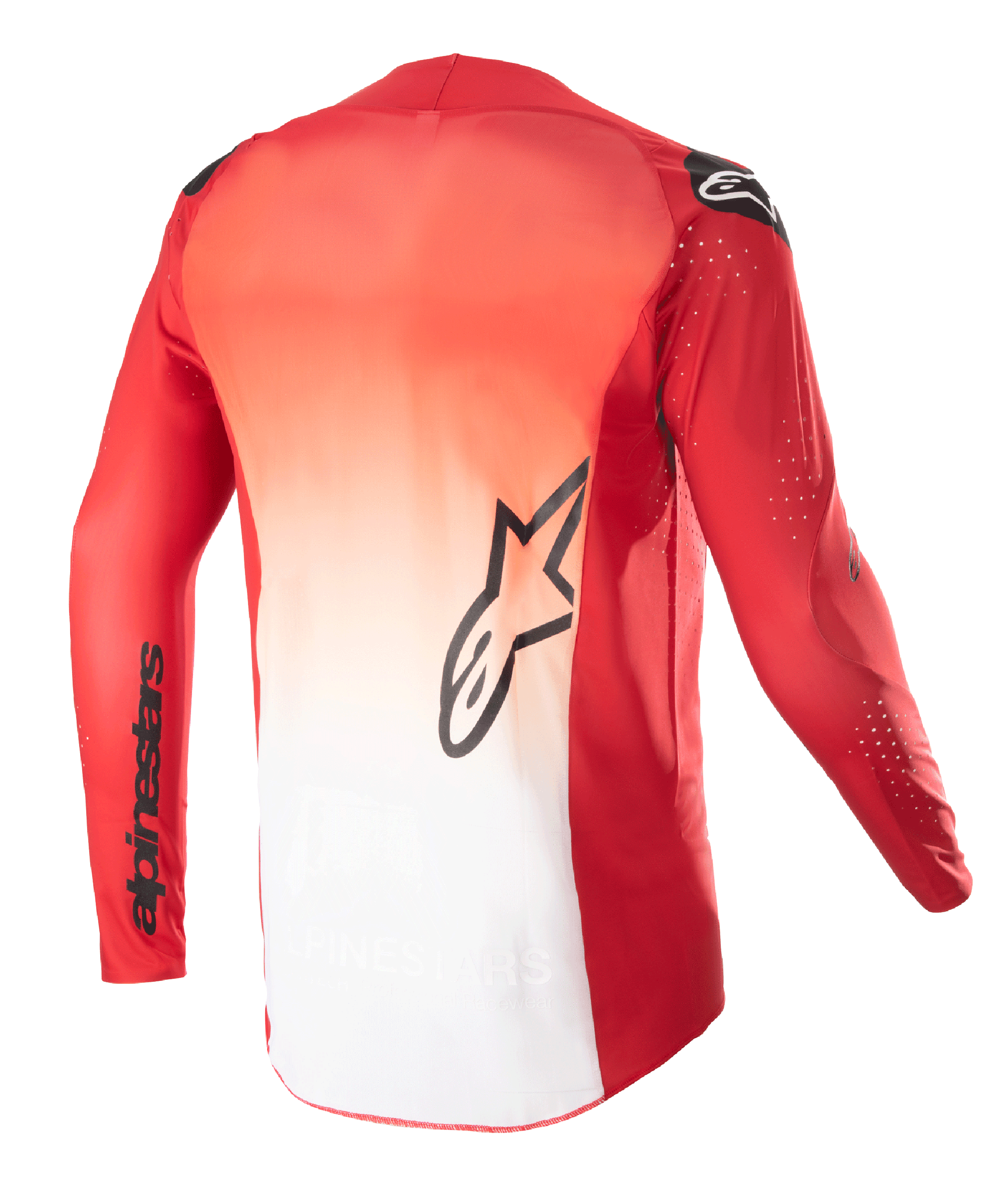 Alpinestars Supertech Risen Jersey 2023, vista trasera, diseño con degradado en rojo Mars y blanco, con un logotipo de estrella Alpinestars en negro en el centro de la espalda y el nombre de la marca en la manga, jersey de motocross de manga larga con perforaciones láser para ventilación.