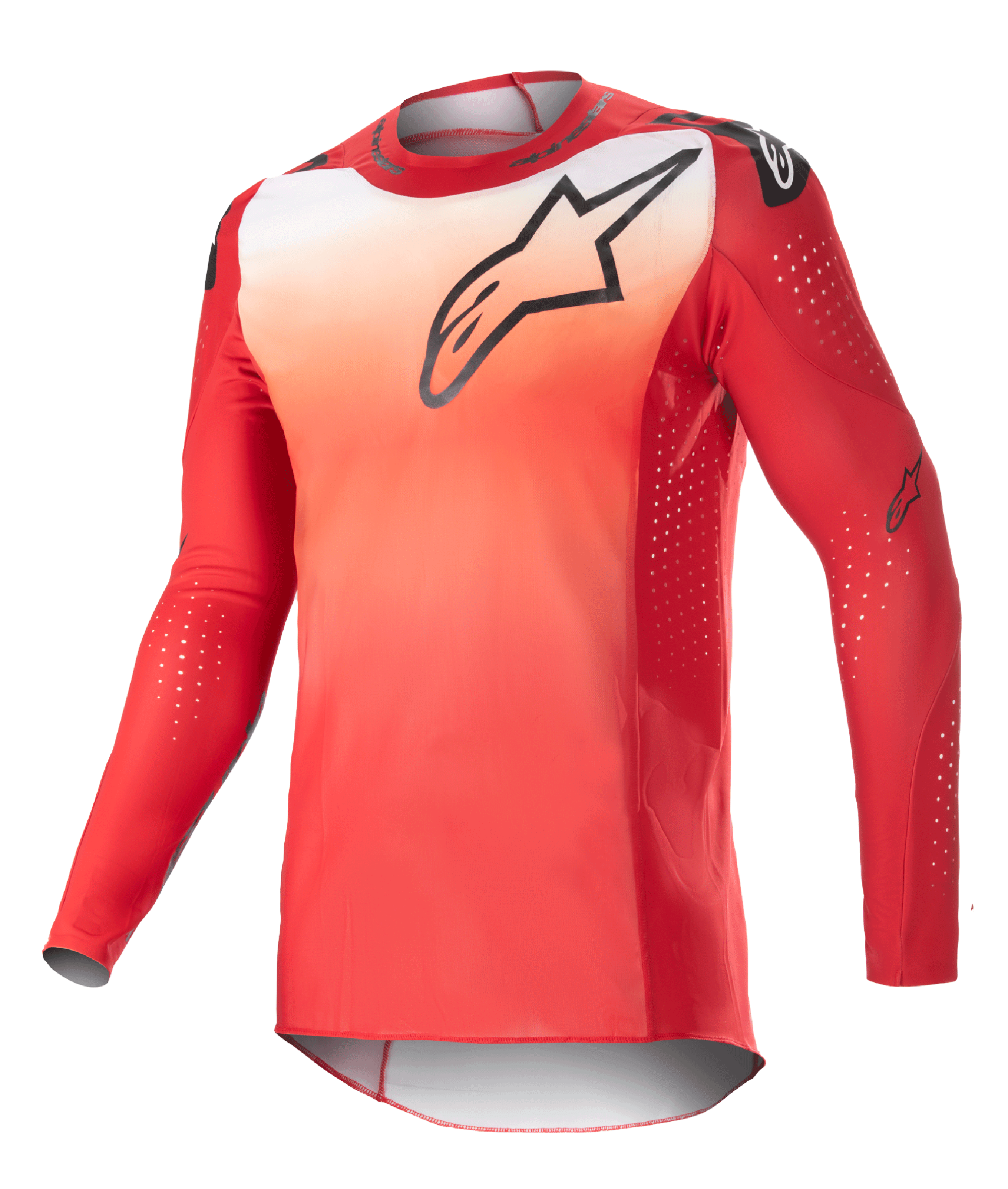 Alpinestars 2023 Supertech Risen Jersey, camiseta de motocross de manga larga, degradado rojo Marte y blanco, logotipo negro de Astars en el pecho, mangas perforadas con puntos de ventilación blancos, ajuste atlético de carrera para rendimiento todoterreno