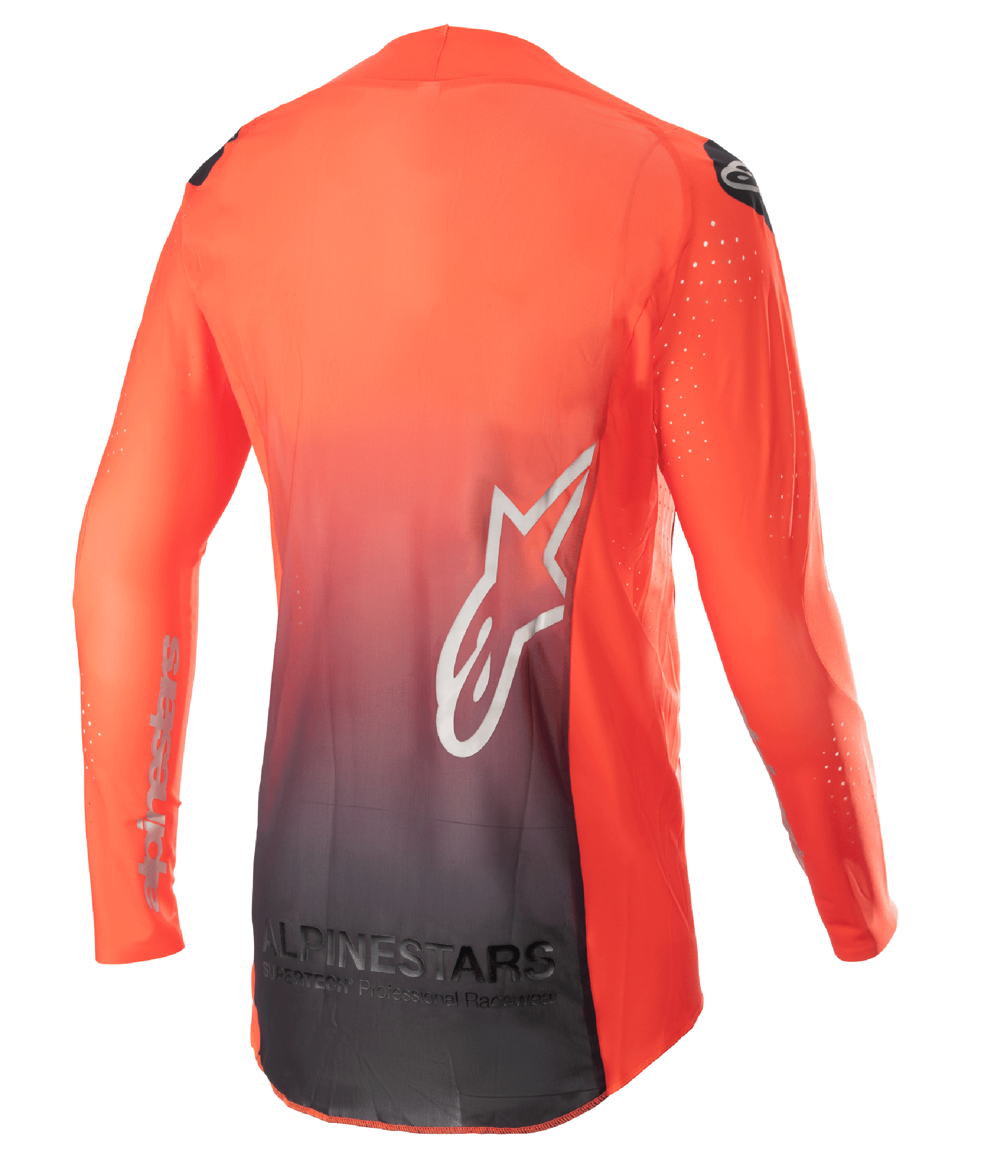 Alpinestars 2023 Supertech Risen Jersey, jersey de motocross, naranja intenso y negro, vista trasera con un diseño de degradado de naranja a negro, logotipo de estrella blanca grande en la espalda y tejido de malla transpirable para rendimiento off-road.
