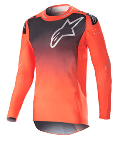 Alpinestars 2023 Supertech Risen Jersey, Motocross Jersey, Hot Orange and Black gradient, featuring a large white logo on the chest, laser-cut perforations for airflow, lightweight stretch mesh fabric, performance race fit