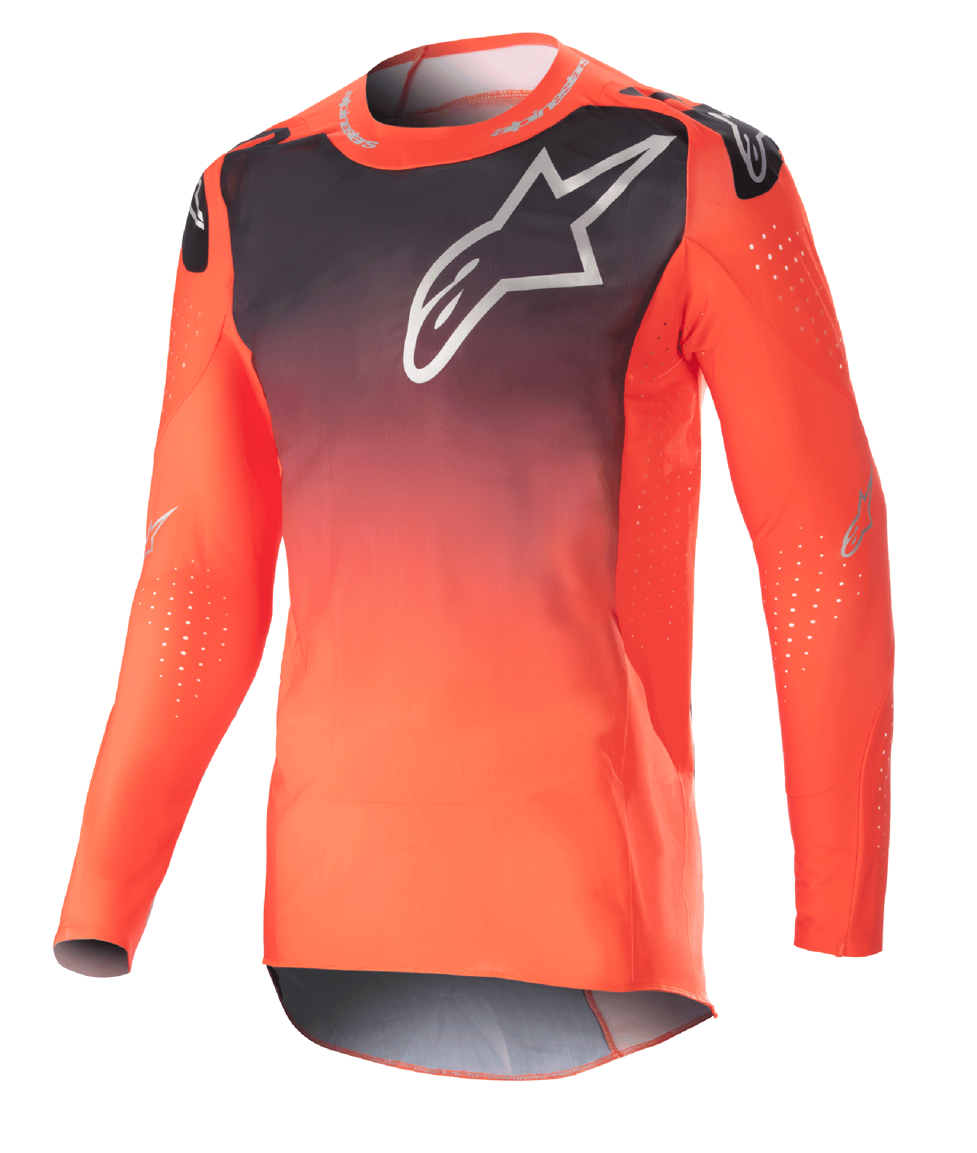 Alpinestars Supertech Risen Jersey 2023, jersey de motocross, degradado naranja intenso y negro, gran logotipo blanco en el pecho, perforaciones láser para ventilación, tejido de malla elástica ligera y ajuste de competición.