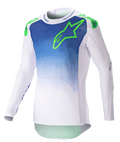 Alpinestars 2023 Supertech Risen Jersey, Motocross Jersey, Blue Ray and White with Green Fluo logo, gradient torso design, perforated long sleeves, athletic race fit, off-road racing gear