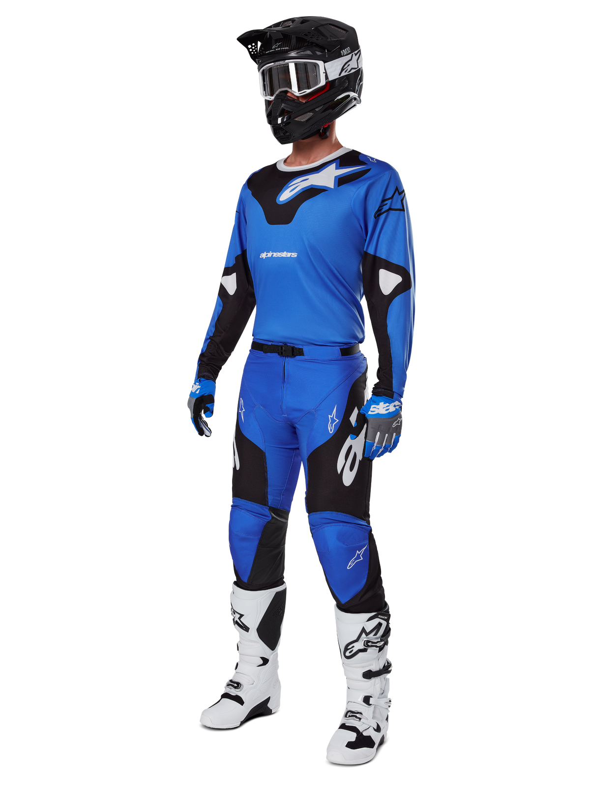 Alpinestars 2025 Racer Veil Gear Set, Blue and Black Motocross Jersey and Pants, complete MX racing outfit with black helmet, white goggles, and white boots, technical off-road gear