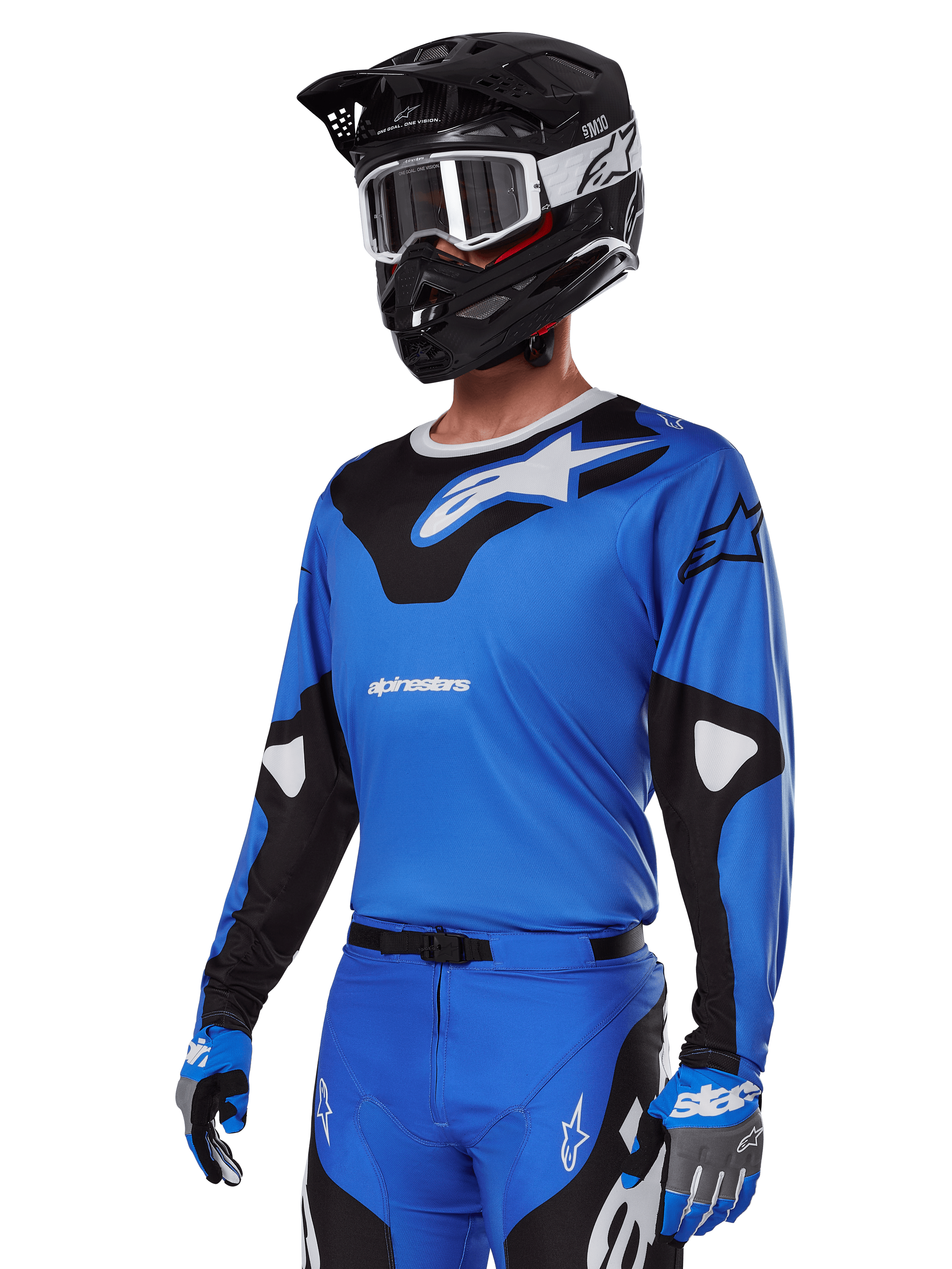 Alpinestars 2025 Racer Veil Gear Set, conjunto de equipo de motocross, jersey azul con gráficos en negro y blanco, usado con pantalones a juego, casco negro, gafas blancas y guantes azules, indumentaria técnica para carreras todoterreno