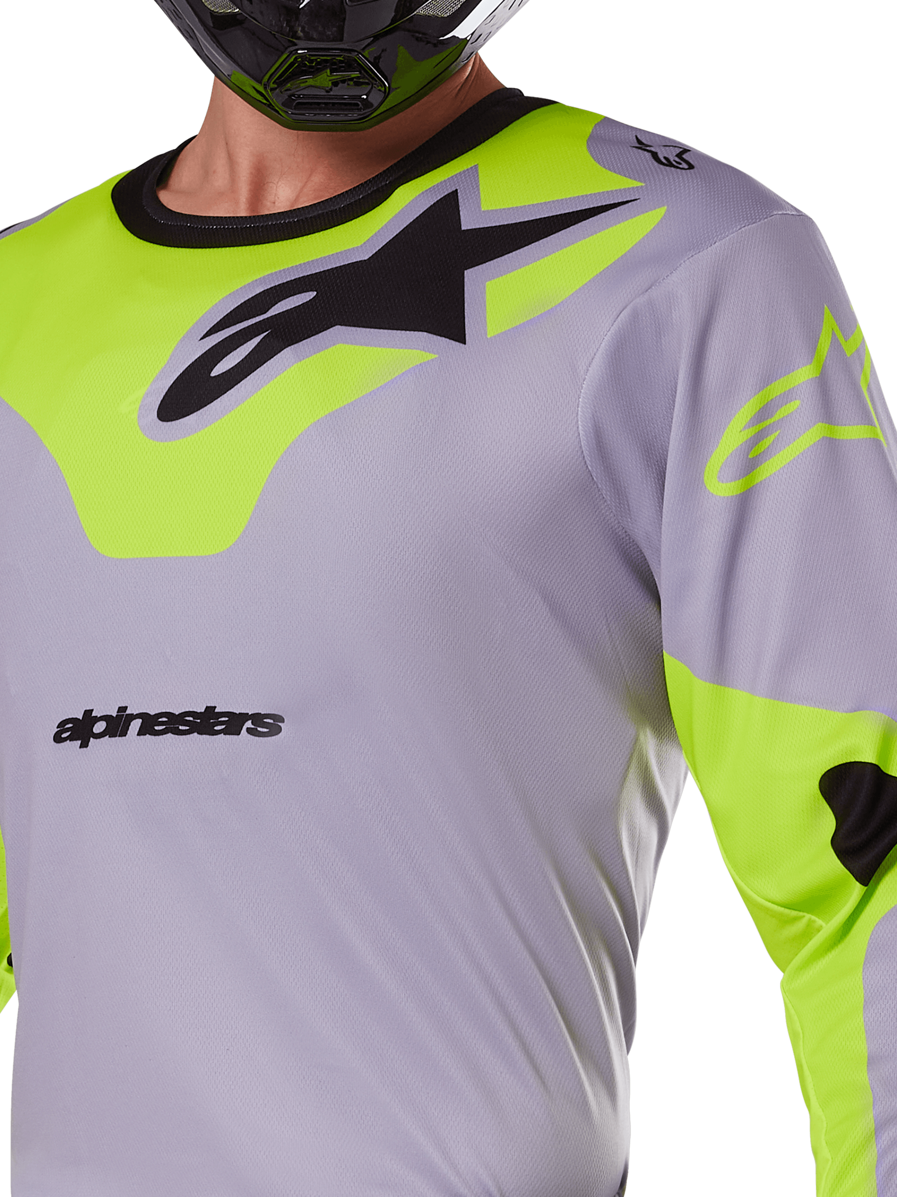 Alpinestars 2025 Racer Veil Jersey, Motocross Jersey, Gray and Yellow Fluo, featuring a large black Astars logo on the chest, neon yellow shoulder and sleeve panels, technical mesh fabric for off-road racing