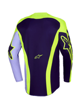 Jersey Alpinestars Racer Portl 2026, jersey de motocross, morado y amarillo flúor, vista trasera con logotipos Astar en amarillo neón en las mangas y la espalda, franjas curvas y un dobladillo trasero más largo para competición off-road.