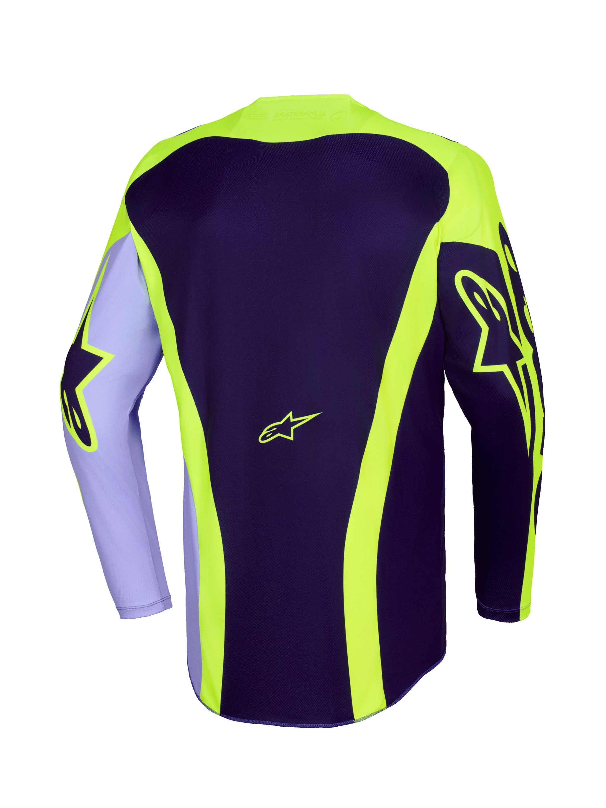 Jersey Alpinestars Racer Portl 2026, jersey de motocross, morado y amarillo flúor, vista trasera con logotipos Astar en amarillo neón en las mangas y la espalda, franjas curvas y un dobladillo trasero más largo para competición off-road.