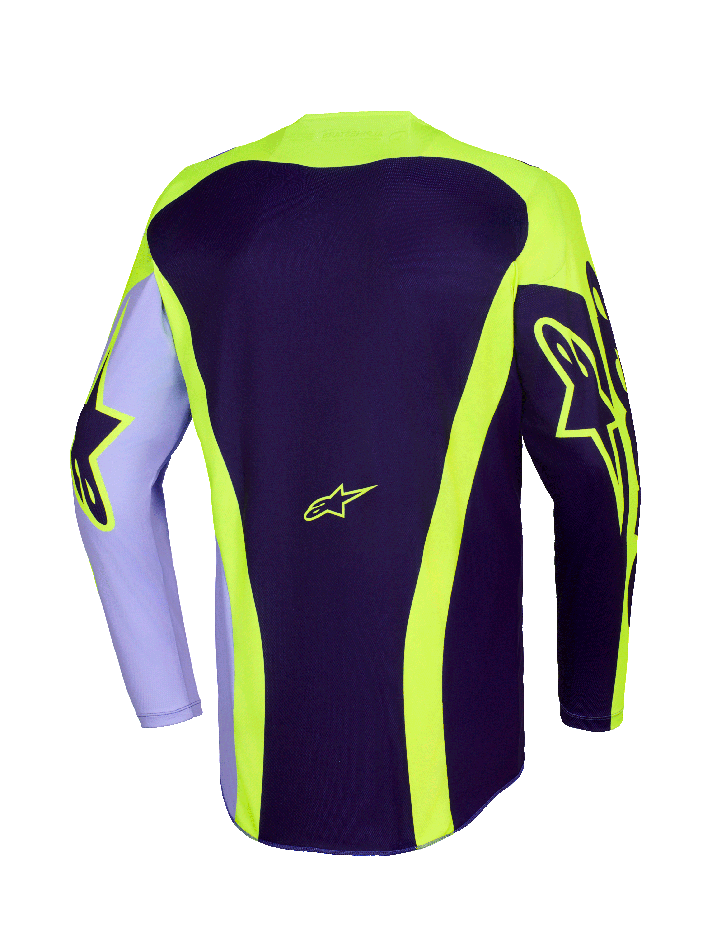 Jersey Alpinestars Racer Portl 2026, jersey de motocross, morado y amarillo flúor, vista trasera con logotipos Astar en amarillo neón en las mangas y la espalda, franjas curvas y un dobladillo trasero más largo para competición off-road.