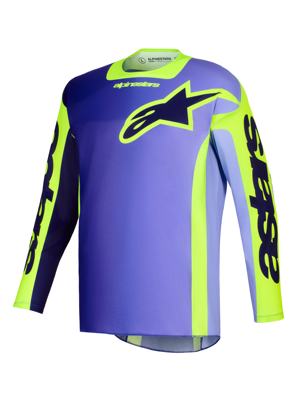 Jersey Alpinestars Racer Portl 2026, jersey de motocross, púrpura y amarillo flúor, con un cuerpo en degradado púrpura y detalles amarillos vibrantes, gran logotipo de la estrella de Alpinestars en el pecho y marca 'astars' en las mangas
