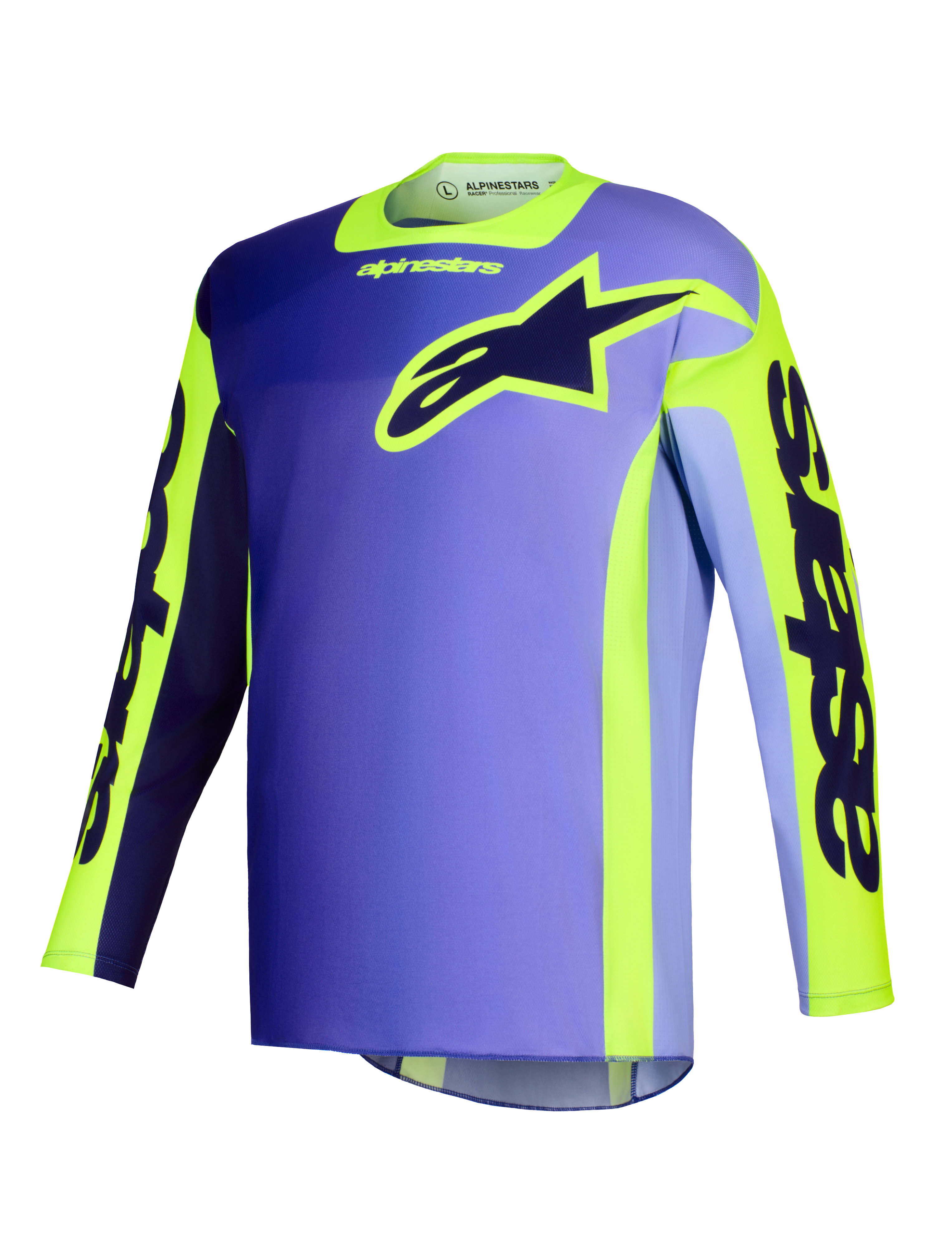 Alpinestars 2026 Racer Portl Jersey, Motocross Jersey, Purple and Yellow Fluo, featuring a gradient purple body with vibrant yellow accents, large Alpinestars star logo on the chest, and 'astars' branding on the sleeves.