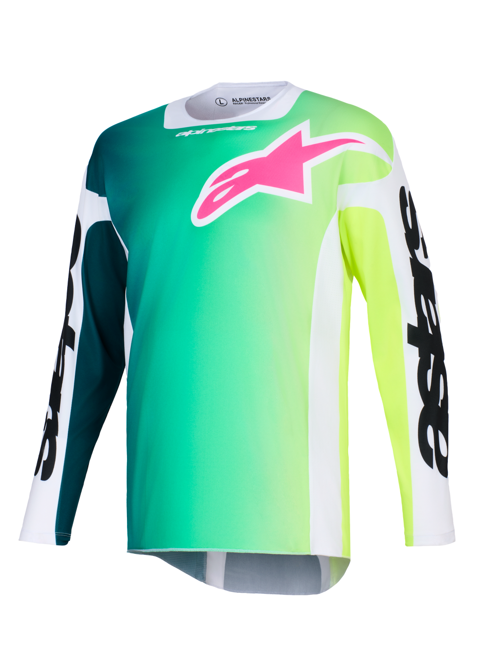 Alpinestars 2026 Racer Portl Jersey, jersey de motocross, degradado de verde y amarillo, logo rosa vibrante en el pecho, mangas blancas con texto Alpinestars en negro llamativo, tejido de alto rendimiento ligero para conducción todoterreno