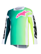Alpinestars 2026 Racer Portl Jersey, jersey de motocross, degradado de verde y amarillo, logo rosa vibrante en el pecho, mangas blancas con texto Alpinestars en negro llamativo, tejido de alto rendimiento ligero para conducción todoterreno