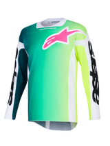 Alpinestars 2026 Racer Portl Jersey, jersey de motocross, degradado de verde y amarillo, logo rosa vibrante en el pecho, mangas blancas con texto Alpinestars en negro llamativo, tejido de alto rendimiento ligero para conducción todoterreno
