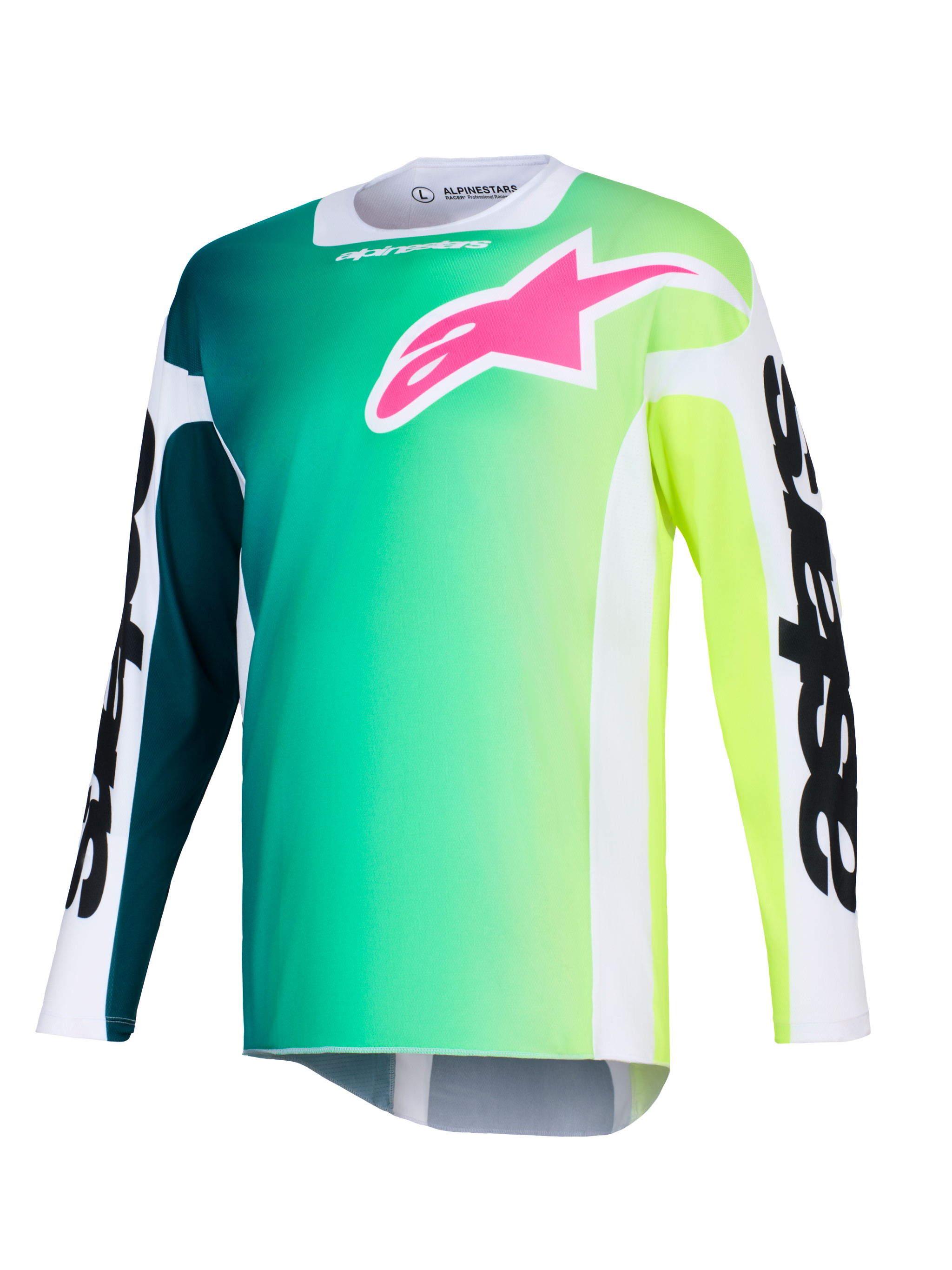 Alpinestars 2026 Racer Portl Jersey, jersey de motocross, degradado de verde y amarillo, logo rosa vibrante en el pecho, mangas blancas con texto Alpinestars en negro llamativo, tejido de alto rendimiento ligero para conducción todoterreno