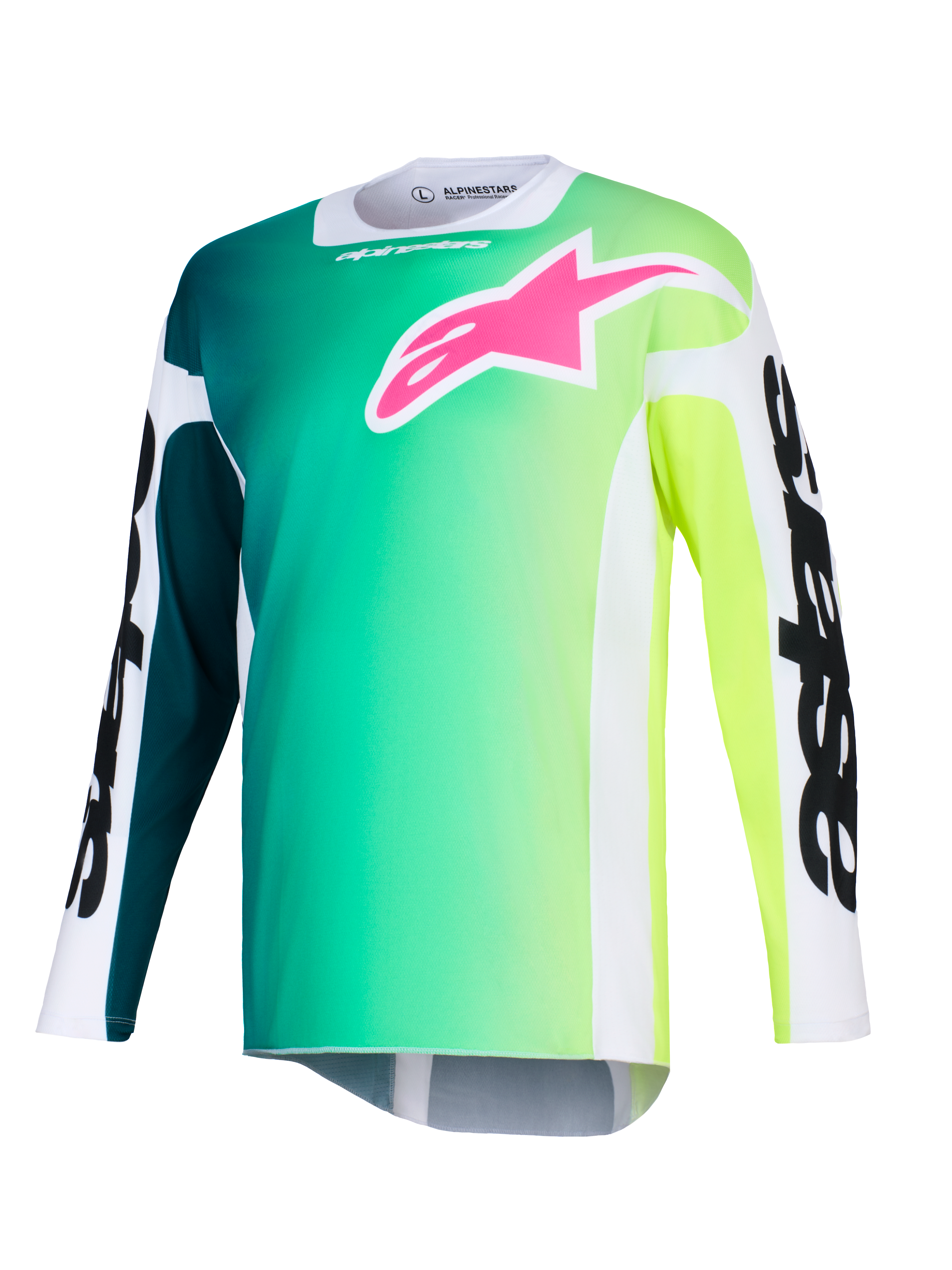 Alpinestars 2026 Racer Portl Jersey, jersey de motocross, degradado de verde y amarillo, logo rosa vibrante en el pecho, mangas blancas con texto Alpinestars en negro llamativo, tejido de alto rendimiento ligero para conducción todoterreno